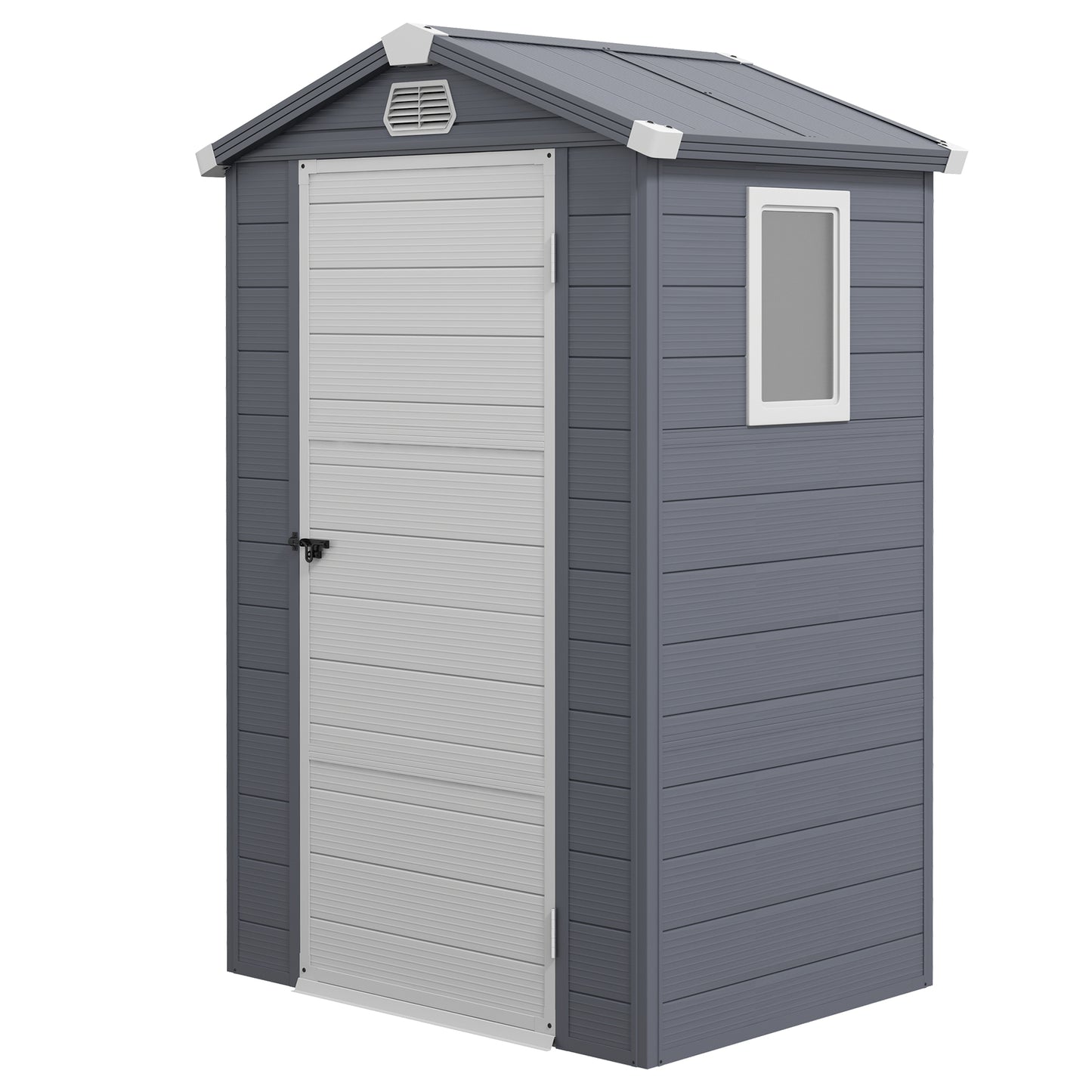 4.4' x 3.3' Plastic Garden Storage Shed with Latch Door, Vents, Sloped Roof, Grey