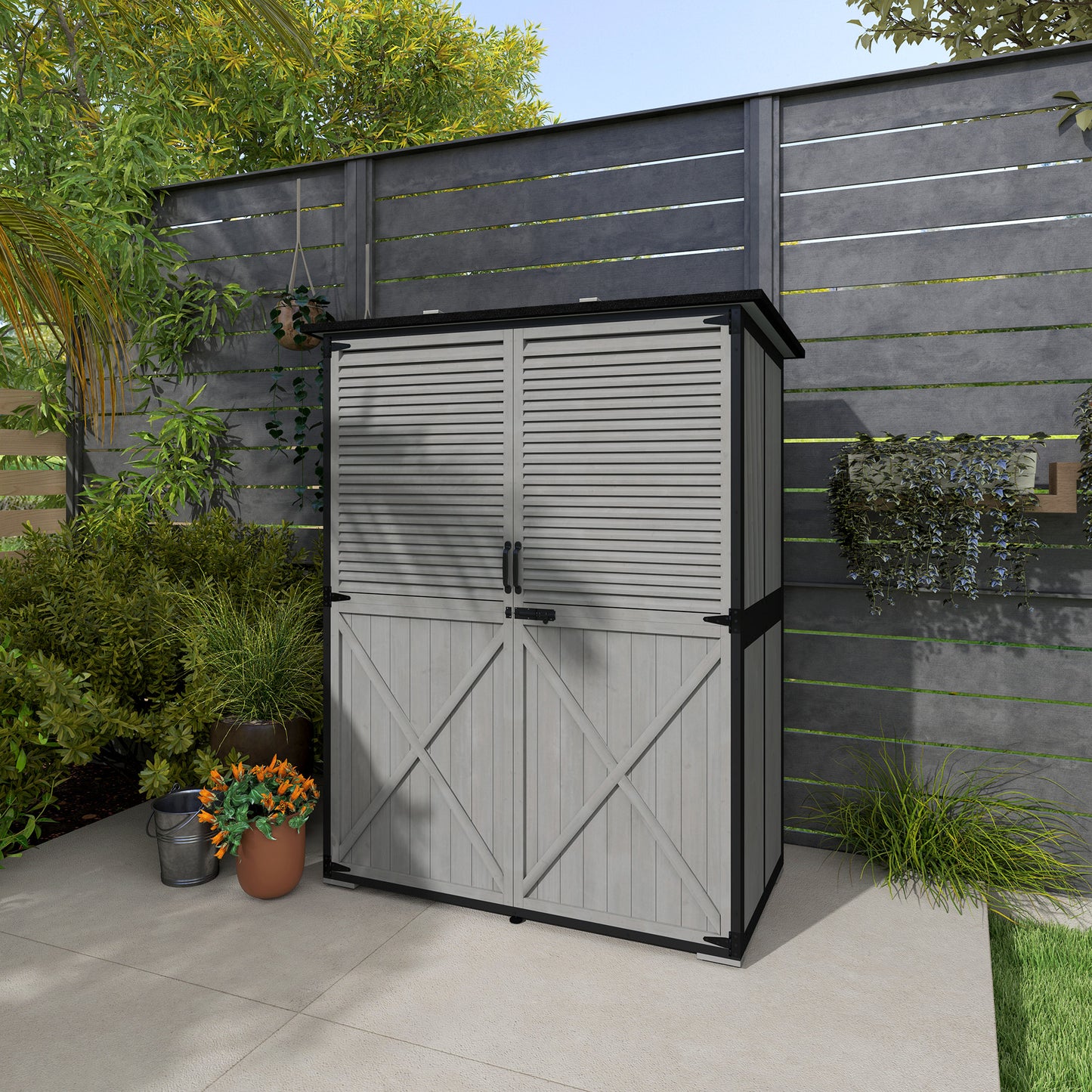 Outdoor Storage Cabinet, Wood Garden Shed with Steel Frame, Asphalt Roof, 2 Shelves and Lockable Doors, Grey