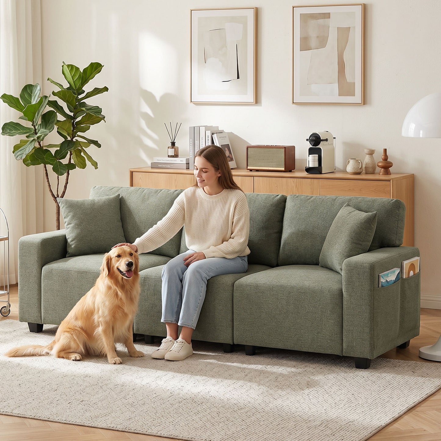 3 Seater Sofa with Storage Pockets, Modern Upholstered Couch with Pocket Springs, Green