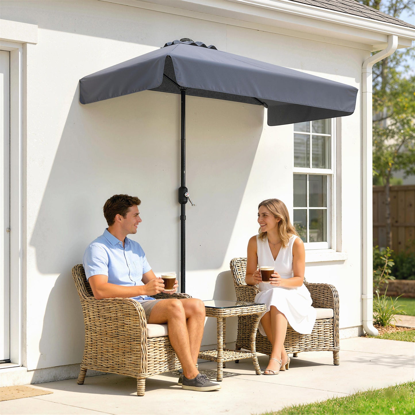 7.5ft Half Umbrella Semi Patio Parasol with Crank Handle, Top Vent for Garden, Balcony- NO BASE INCLUDED, Dark Blue