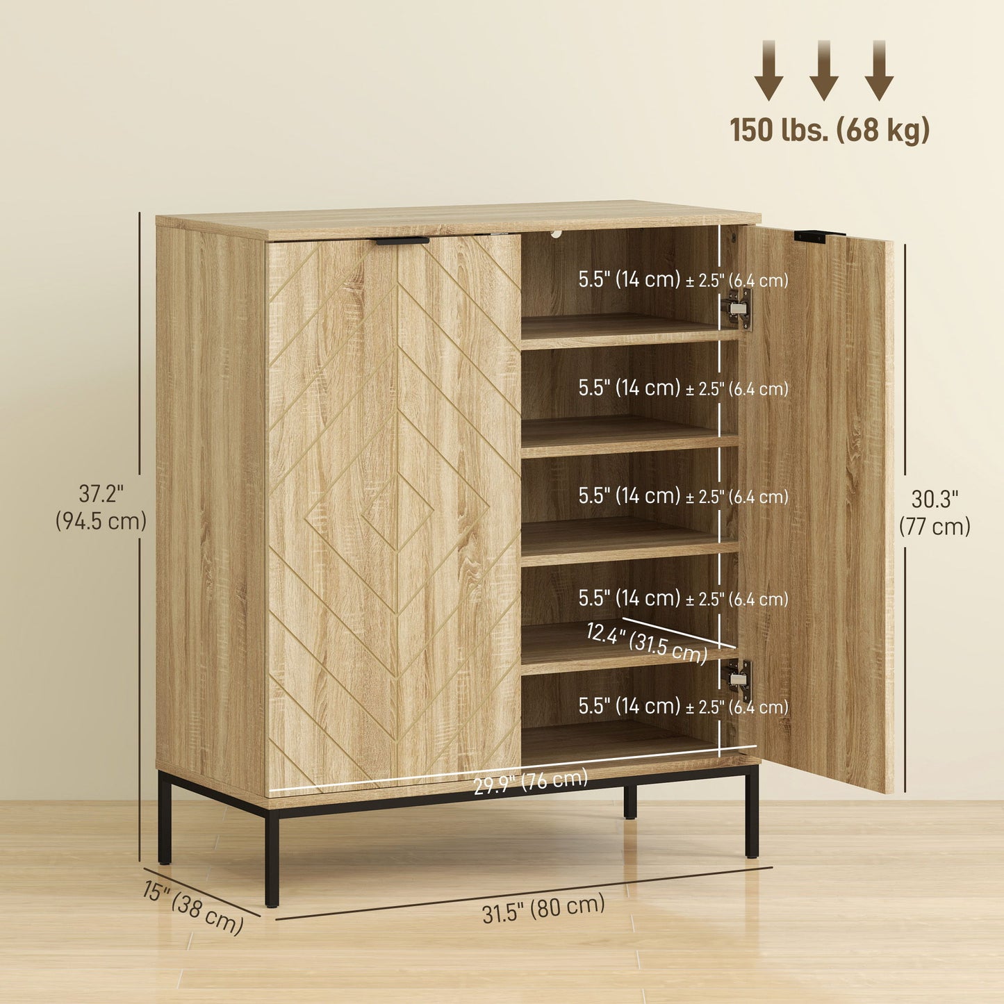 Shoe Storage Cabinet for 15 Pairs, Freestanding Shoe Cabinet with Doors and Adjustable Shelves for Hallway, Oak