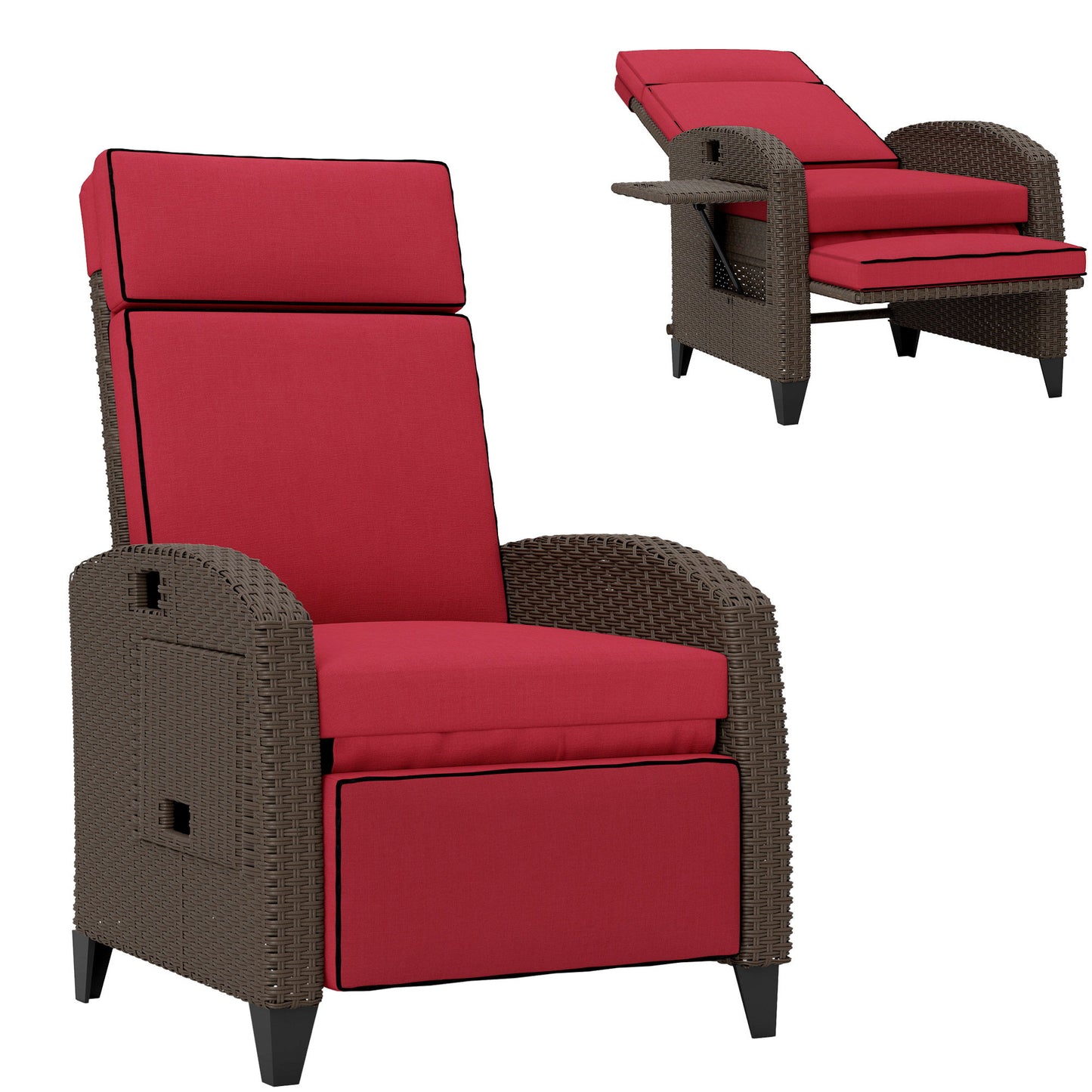 Outdoor Recliner Chair with Adjustable Backrest, Footrest, Thick Cushion, Side Tray, Up to 264 lbs, Wine Red