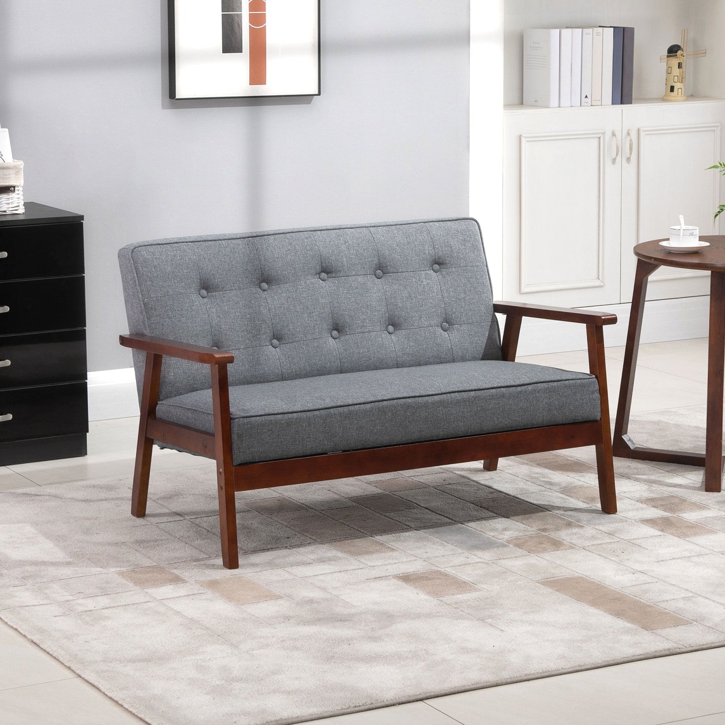 44.5" 2 Seat Sofa for Bedroom, Modern Upholstered Loveseat with Button Tufted Back and Wood Legs, Grey