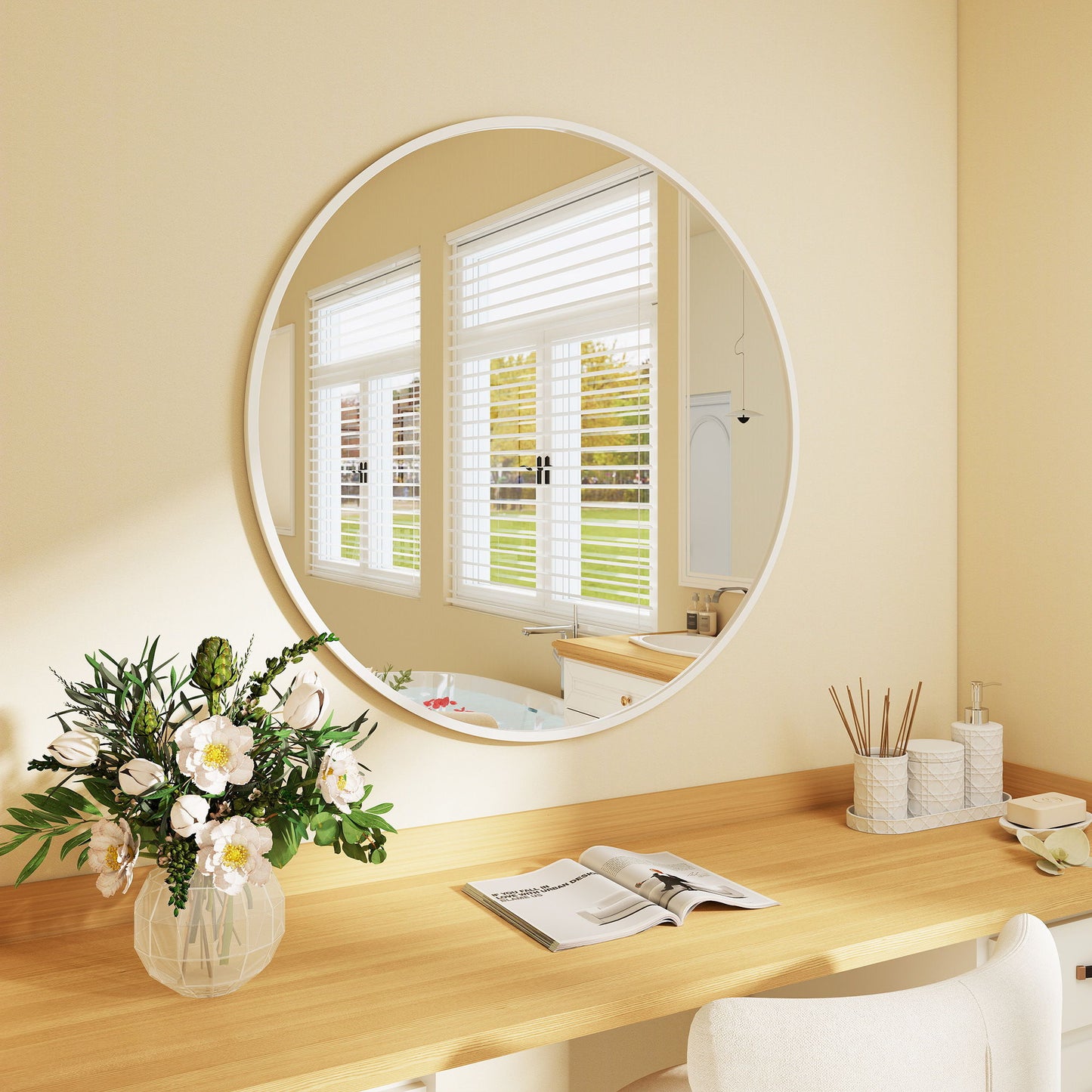 36" Round Mirror, Bathroom Wall Mirror with Metal Frame, Decorative Vanity Mirror for Living Room, Bedroom, White