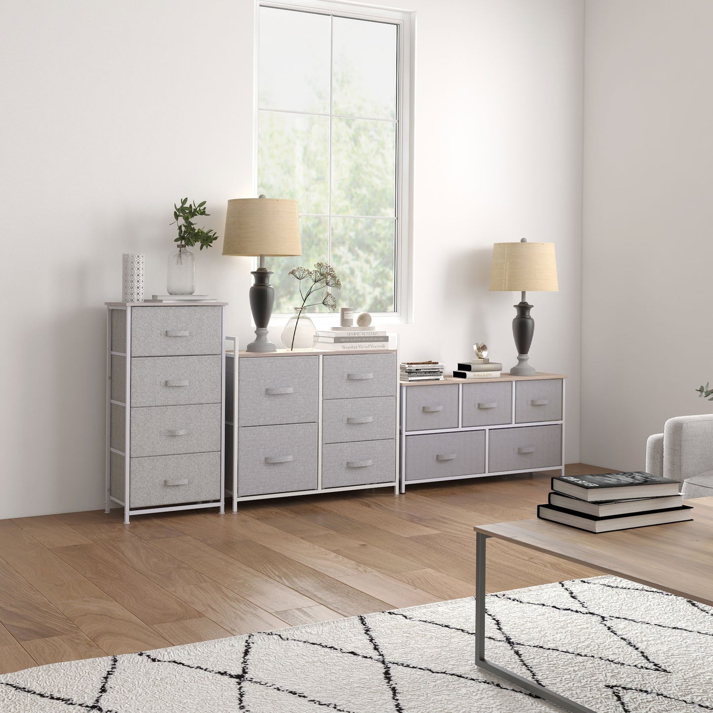 Linen Drawer Cabinet Organizer Storage Dresser Tower with 4 Removable Drawer Metal Frame Adjustable Feet for Living Room, Kitchen, Bathroom, White