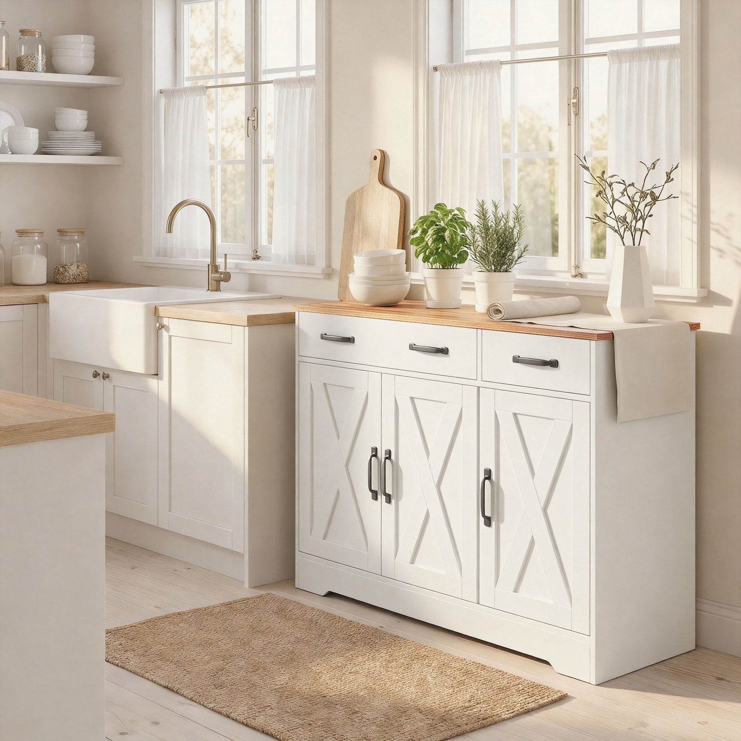 Sideboard Buffet Cabinet, 43" Farmhouse Kitchen Cabinet with 3 Barn Doors, 2 Drawers, 2 Adjustable Shelves, White