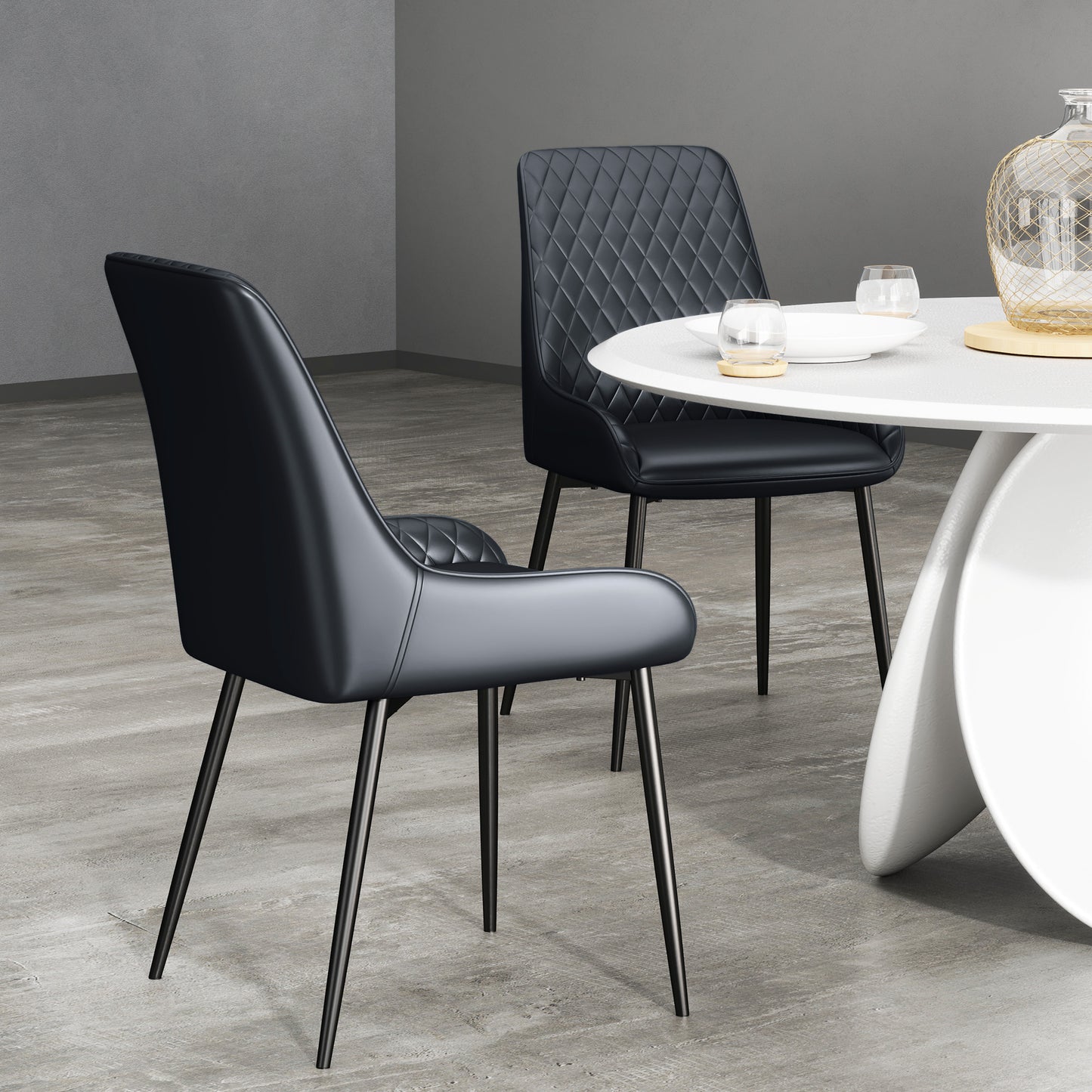 Upholstered Kitchen Chairs, Modern Dining Chairs Set of 2 with Diamond Tufting and Steel Legs for Dining Room, Black