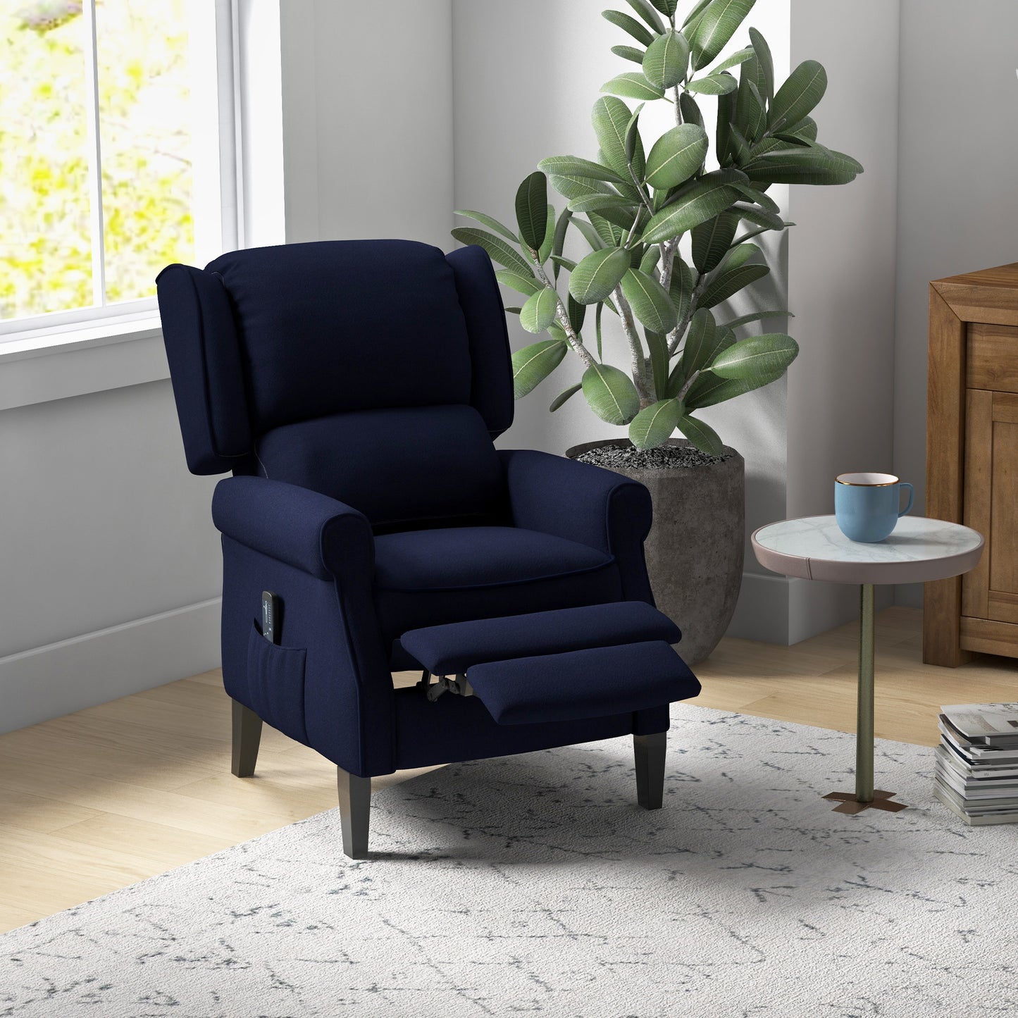 Push Back Recliner Chair, Vibration Massage Recliner for Living Room with Extendable Footrest, Remote, Pocket, Blue