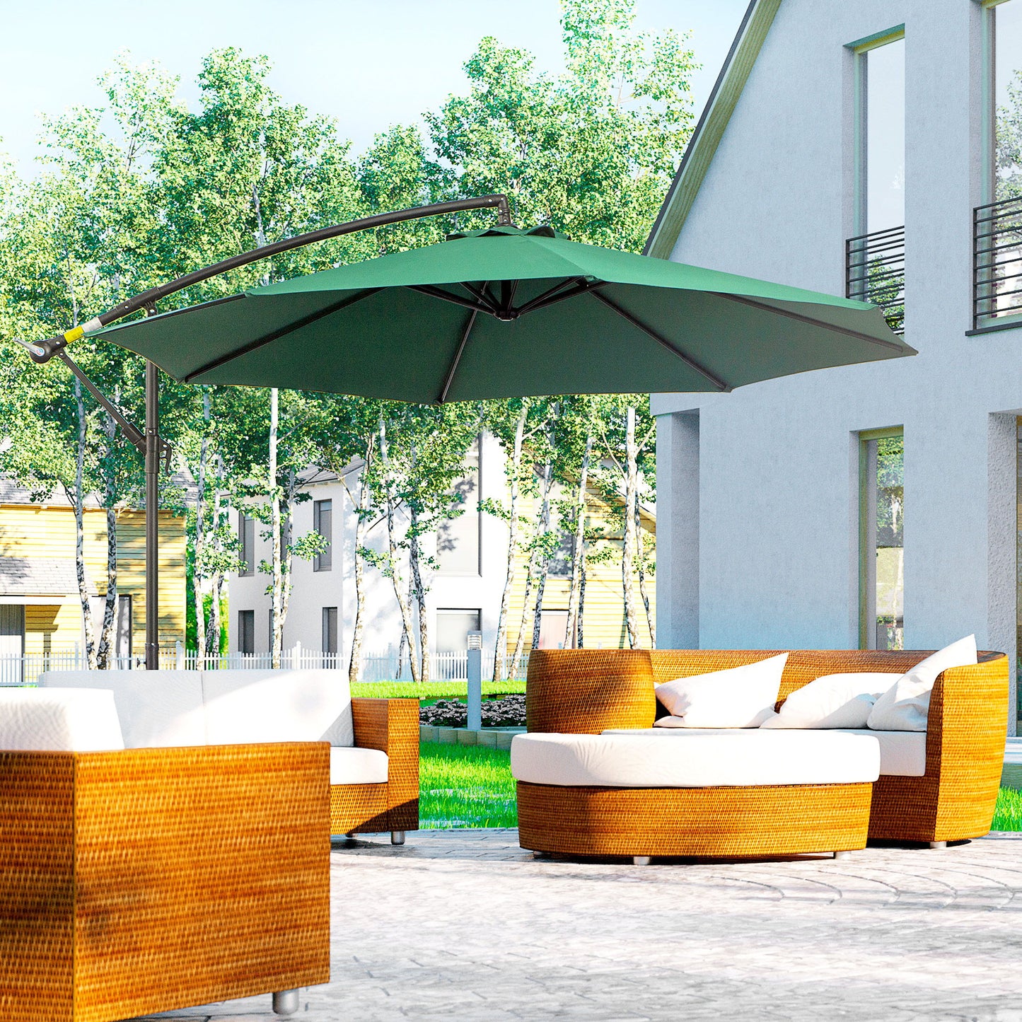9.7ft Offset Patio UmbrellaCantilever Parasol with Crank Handle, 8 Ribs and Cross Base for Outdoor, Sun Shade, Green