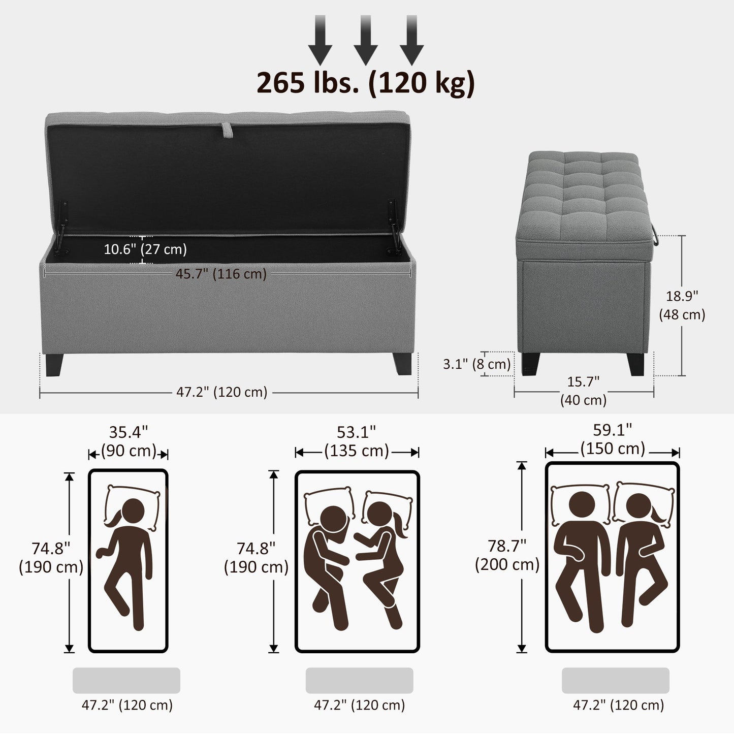 Storage Ottoman Bench, Foot Rest with Safety Hinges, 47 Inches Linen Storage Chest for Living Room, Dark Grey