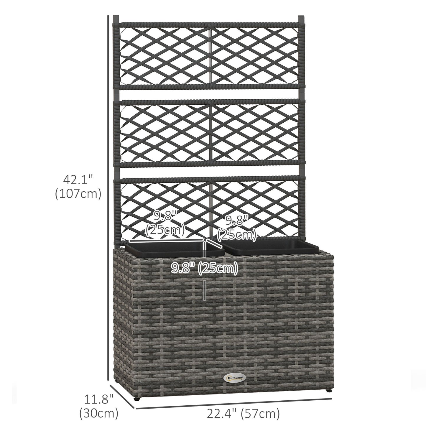 22L Raised Garden Box with Trellis, PE Rattan Free Standing Flower Raised Garden Bed with Two Plant Boxes, Garden Planter Box for Climbing Plants, Mixed Grey
