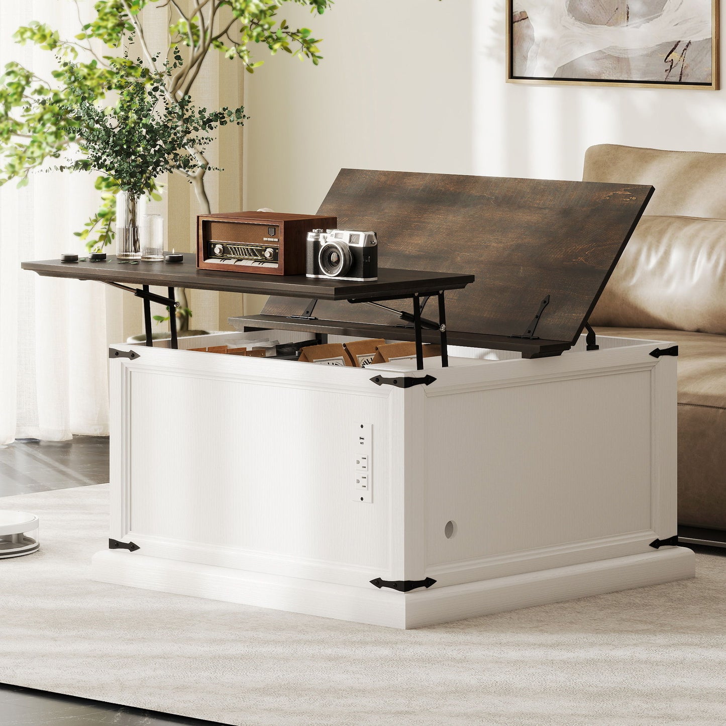 Lift Top Coffee Table with Charging Station, Square Farmhouse Center Table with Hidden Storage, White Wood Grain