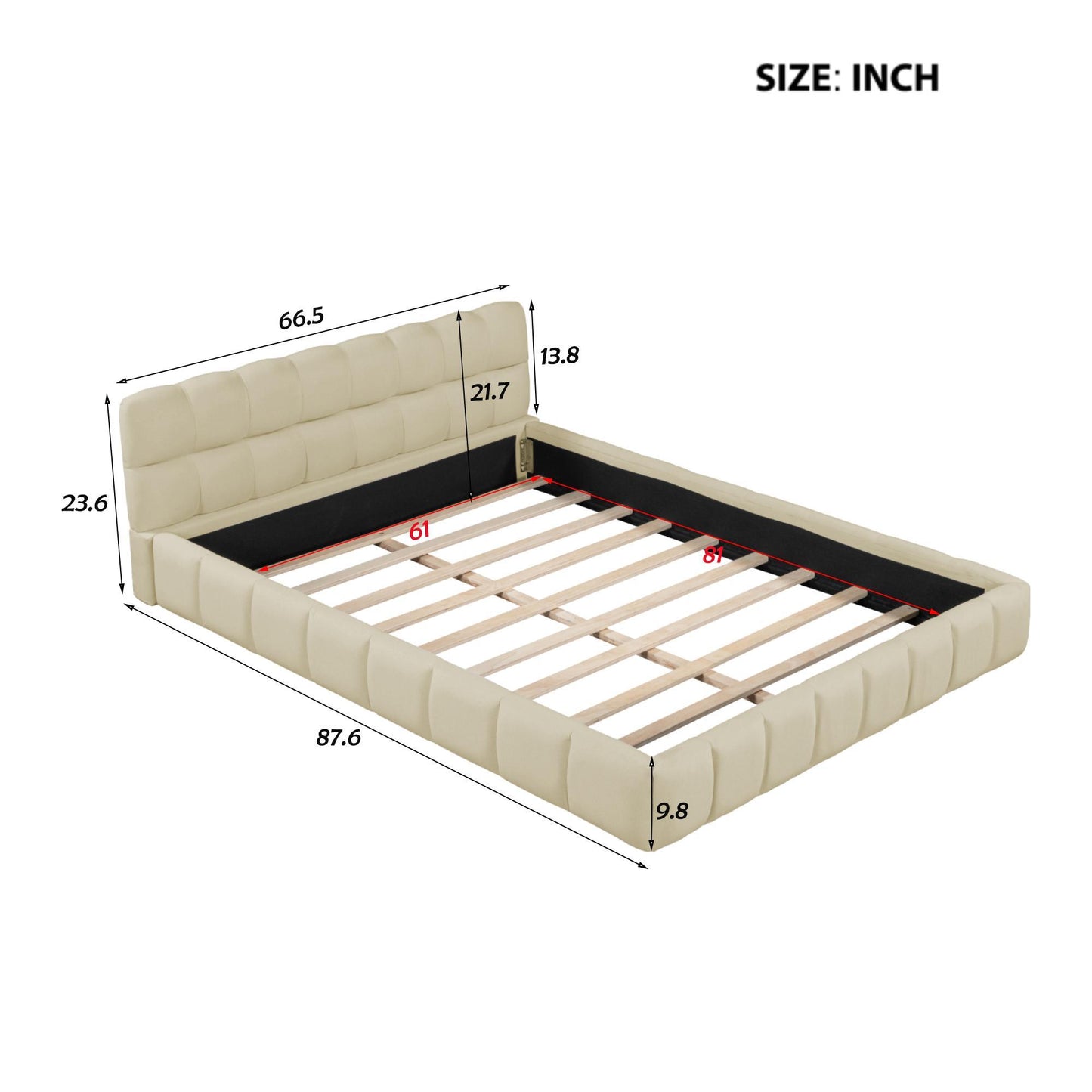 Queen Size Upholstered Bed with MDF & Particleboard Frame, Low-Profile Grounded Bed with Wooden Slats, 87.5'' L x 66.5'' W x 23.5'' H, Beige