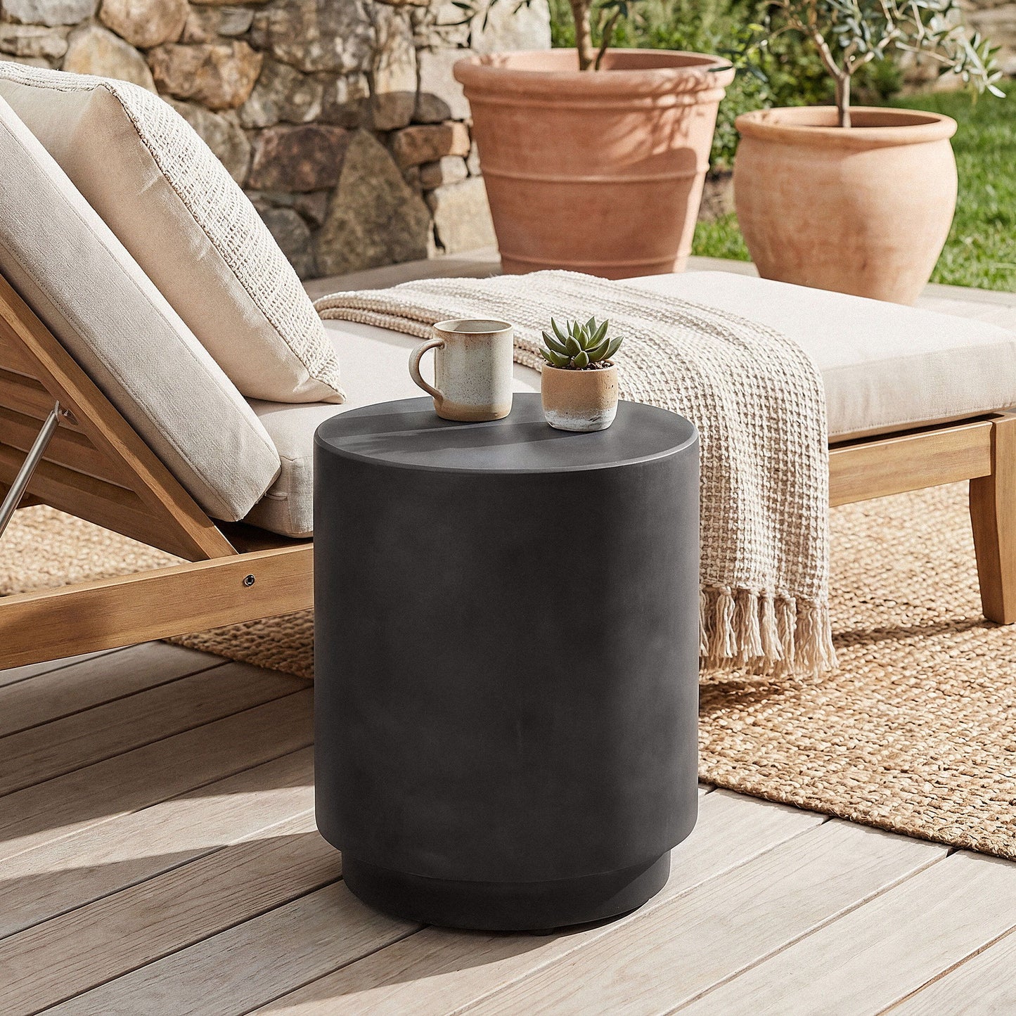 Terrazzo Finish Side Table, 17" Round End Table for Indoor and Outdoor, Charcoal Grey