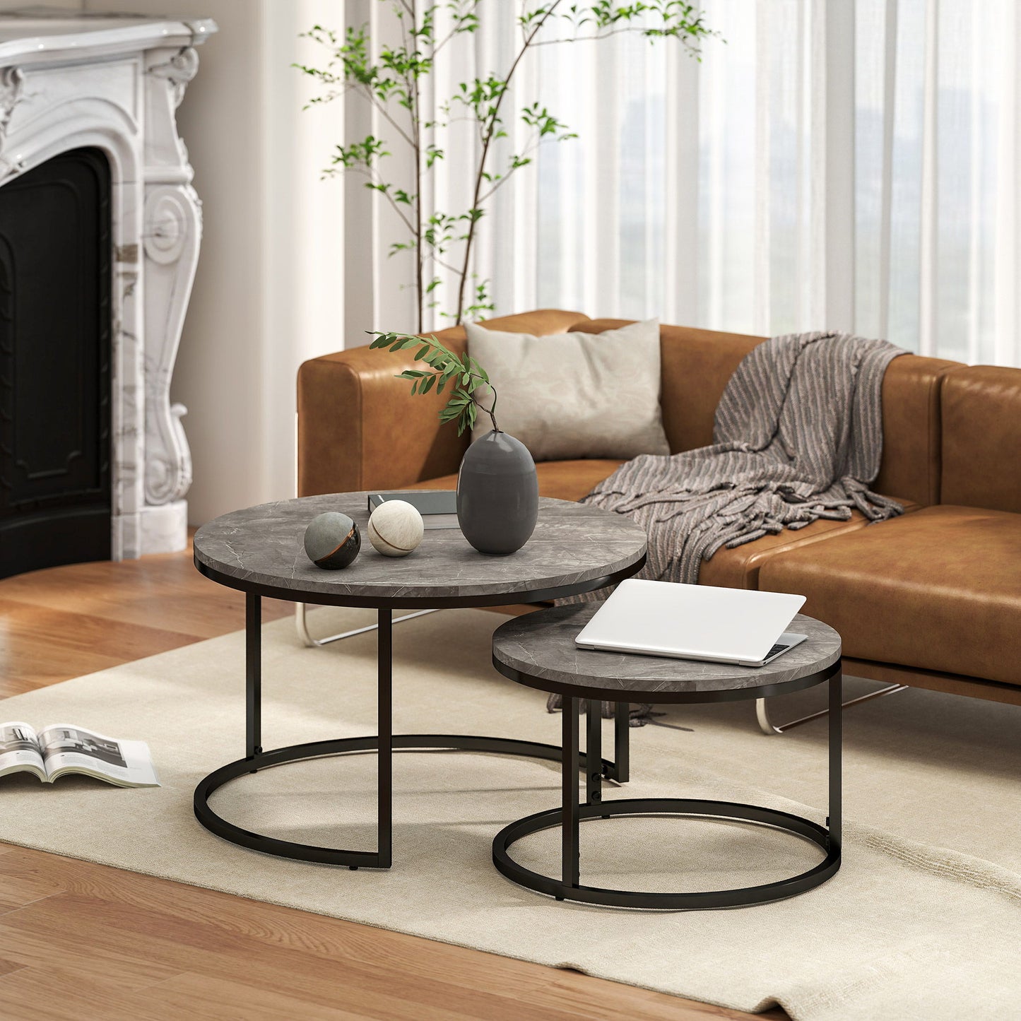 Modern Coffee Table Set of 2, Nesting Side Tables w/ Metal Base for Living Room Bedroom Office Faux Marbled Grey