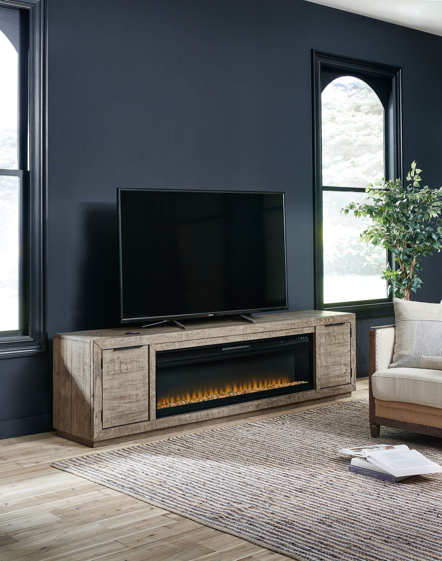 Krystanza - Weathered Gray - TV Stand with Wide Fireplace Insert - Forward Furniture