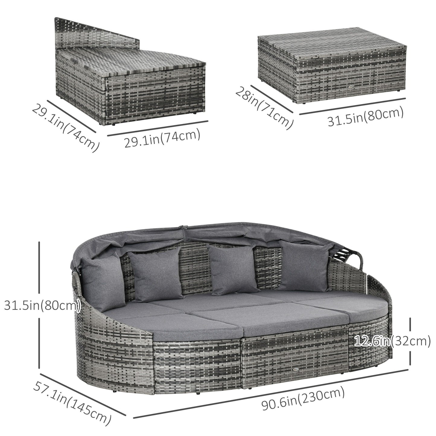 4 Pieces Patio PE Wicker Round Daybed, Outdoor Rattan Garden Lounge Furniture Sets, Grey