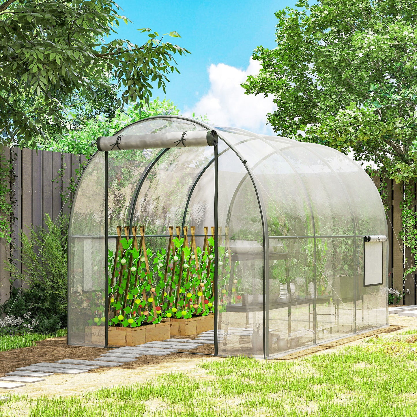 Polytunnel Greenhouse with Roll-up Door and Mesh Window, Walk-in Grow House Tent with Steel Frame, 3 x 2 x 2 m, Clear