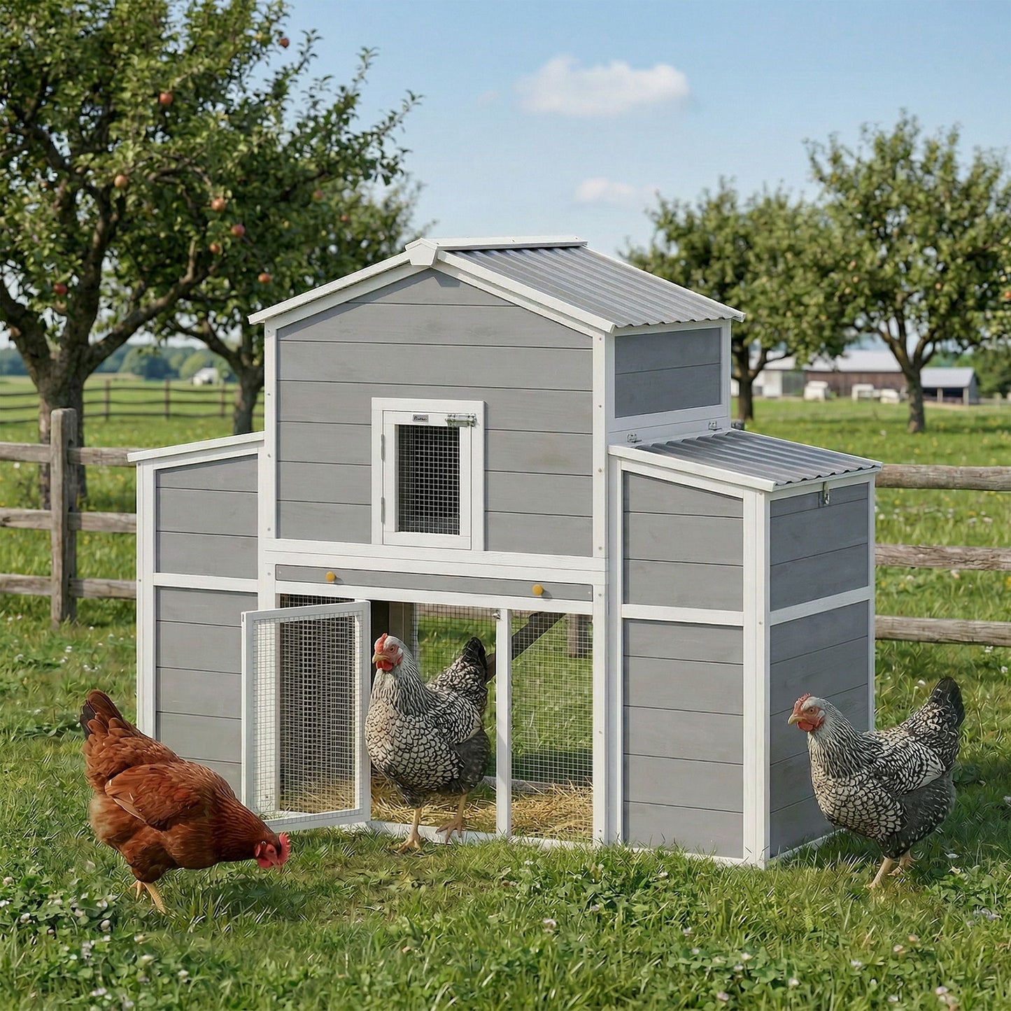 66.5" Large Chicken Coop, Wooden Chicken House with 2 Nesting Boxes, Sliding Tray & Ramp, for Outdoor Backyard Farm
