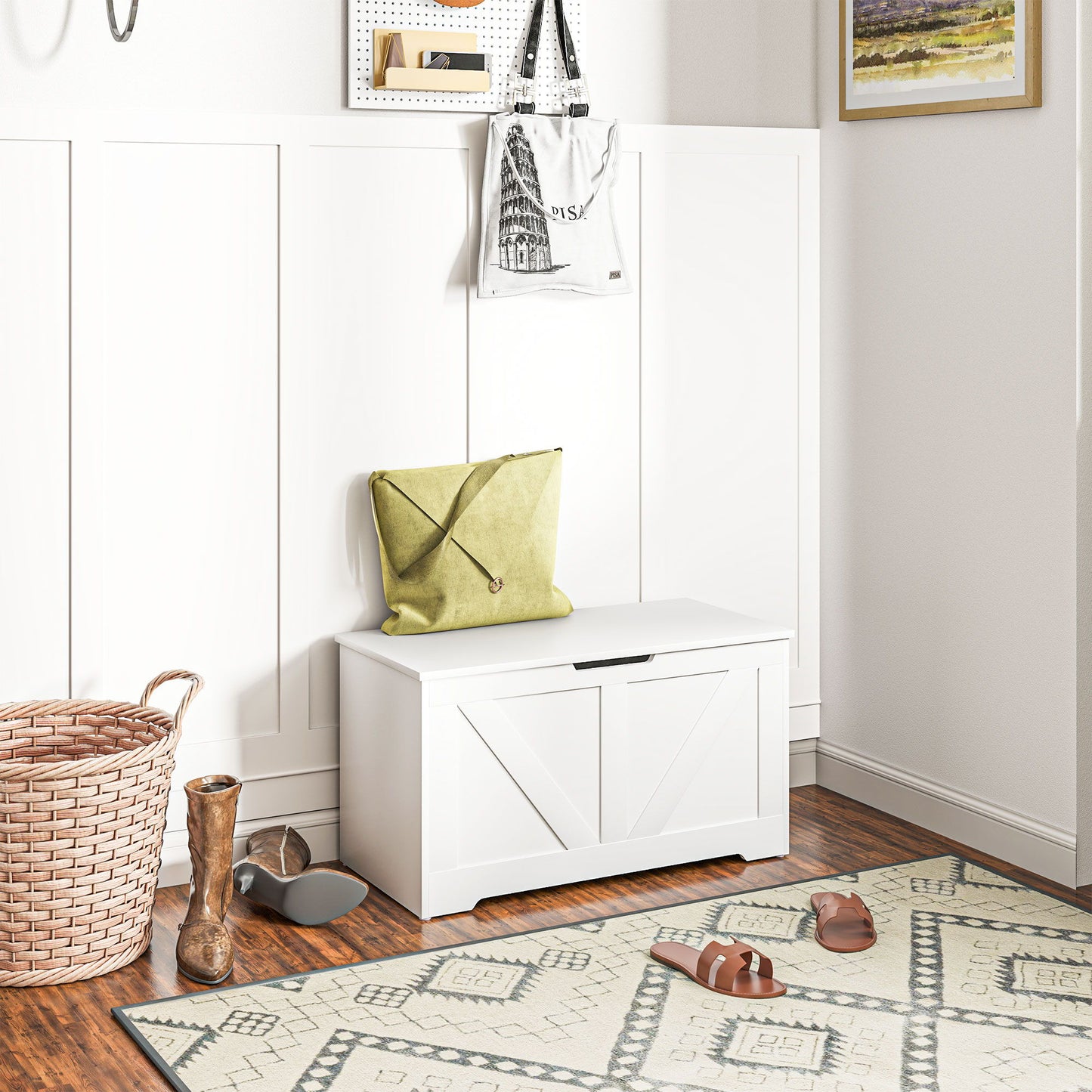 31.5 Inches Storage Chest, Storage Trunk with 2 Safety Hinges, Wooden Box for Living Room, White Wood Grain