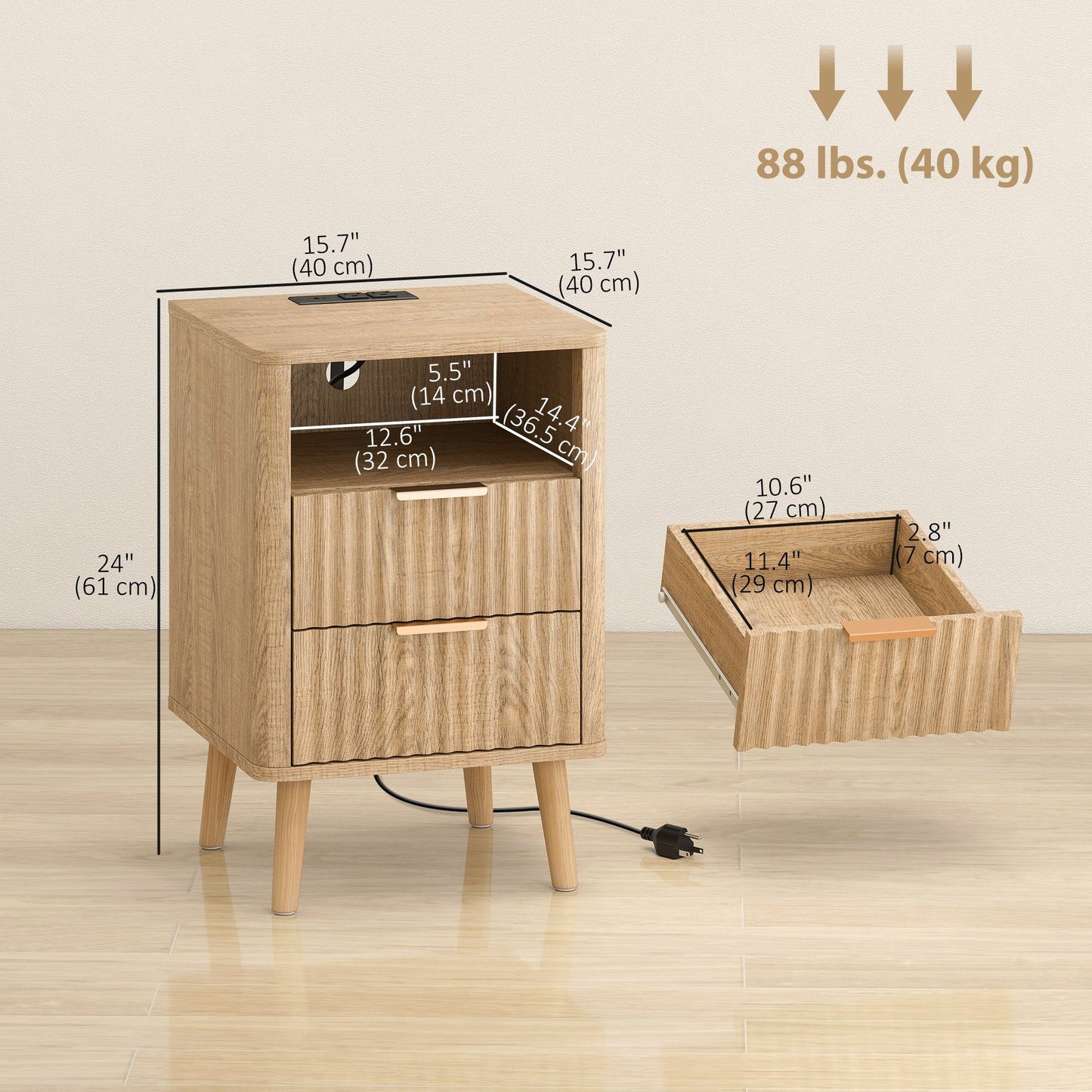 Nightstand Set of 2 with Charging Station - Oak