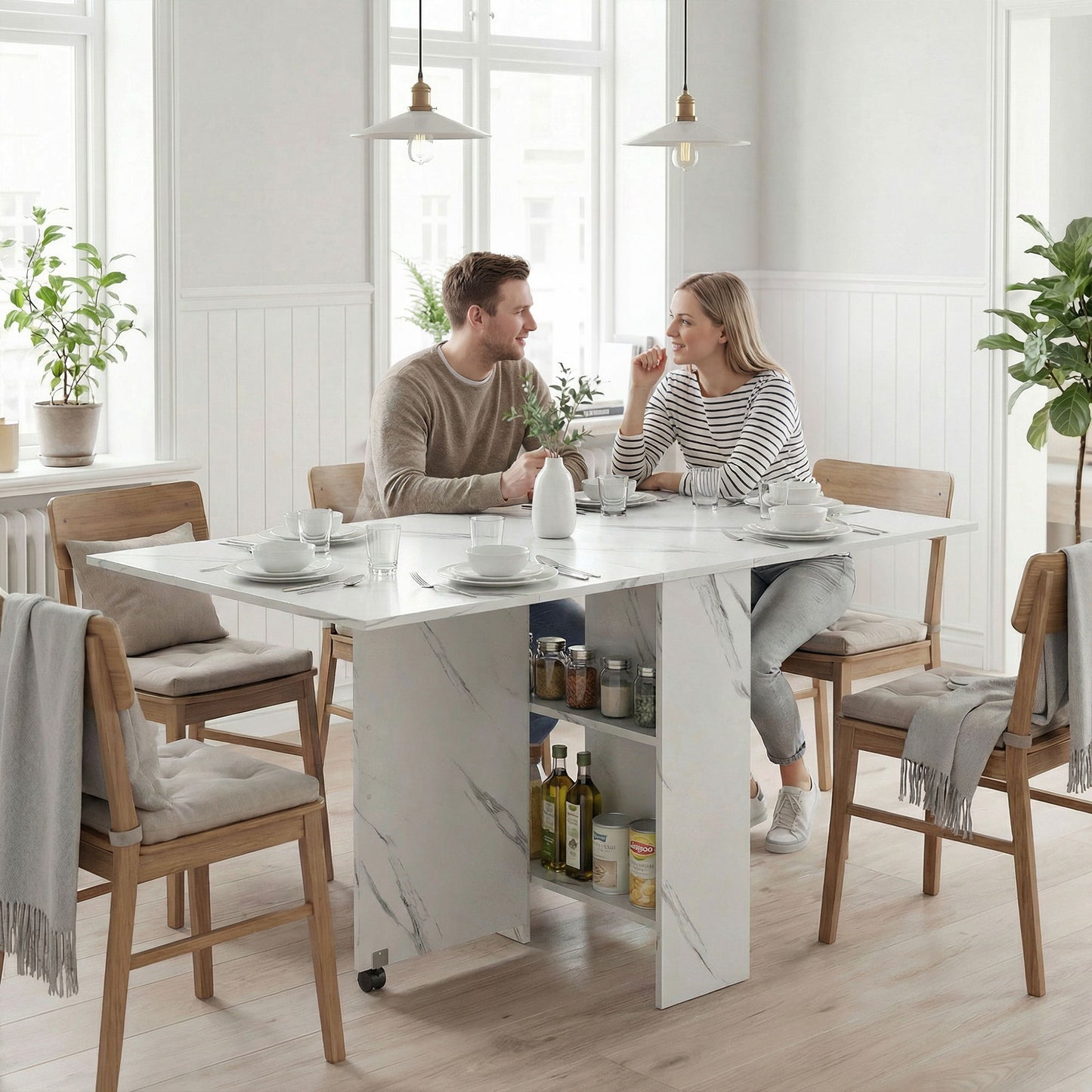 Extendable Dining Table, Collapsible Folding Table with 2-tier Shelves and Rolling Casters, Marble White