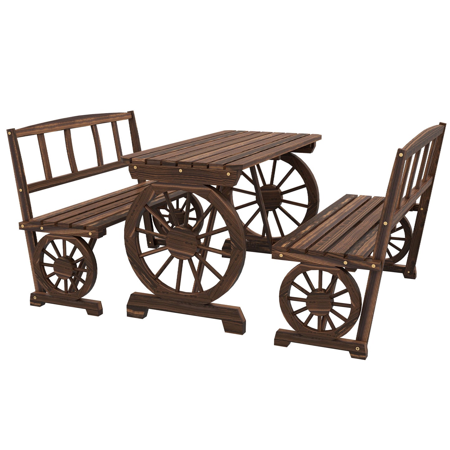 Wooden Patio Table and Chairs for 4 People 3-Piece Carriage Wheels Design for Porch, Backyard, Balcony, Carbonized