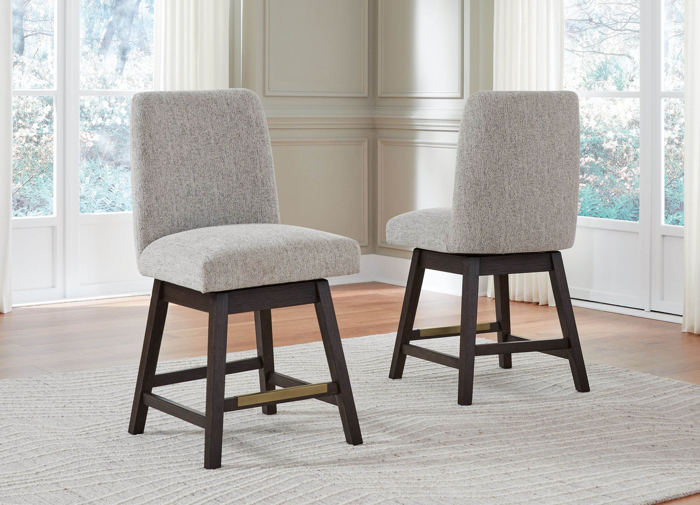 Burkhaus - Beige / Dark Brown - Upholstered Swivel Barstool (Set of 2) - Forward Furniture