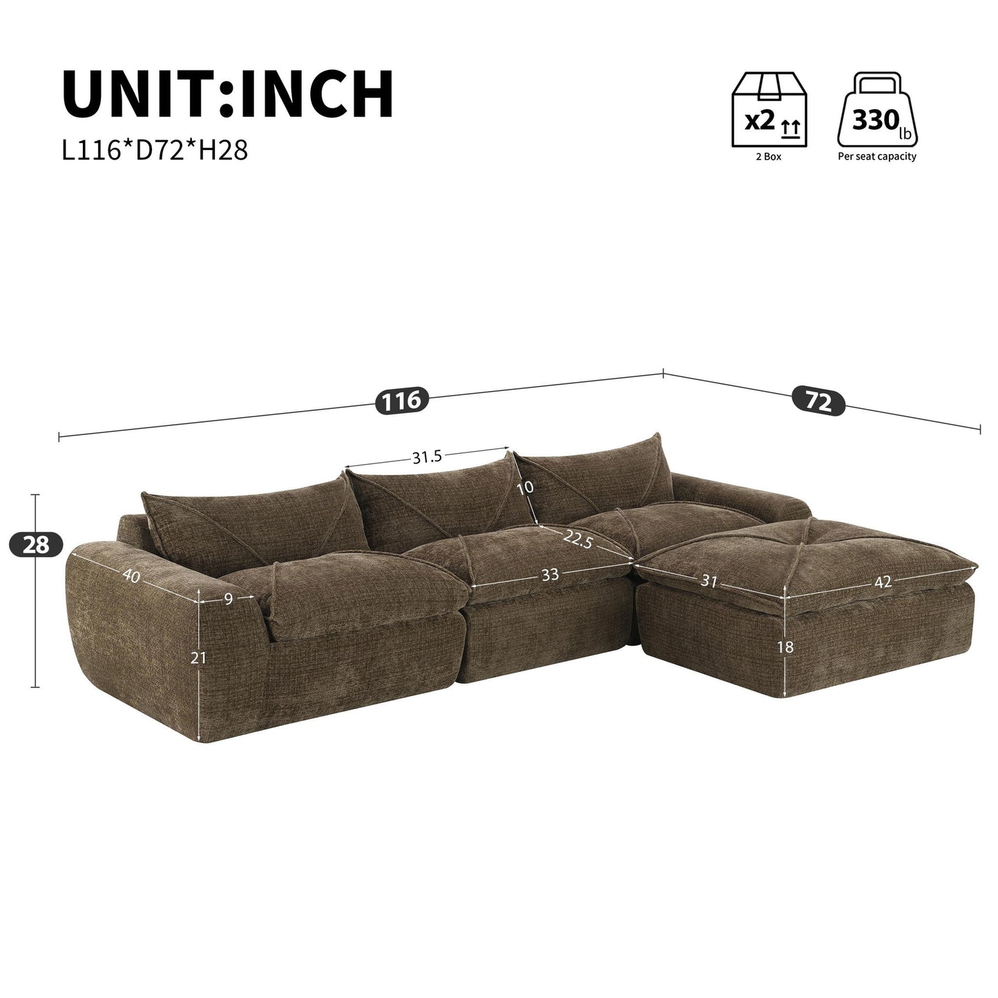 Modular Sectional Sofa with High-Density Foam and Pocket Springs, Oversized Compressed Sofa for Living Room, 116" L x 72" W x 28" H, Brown