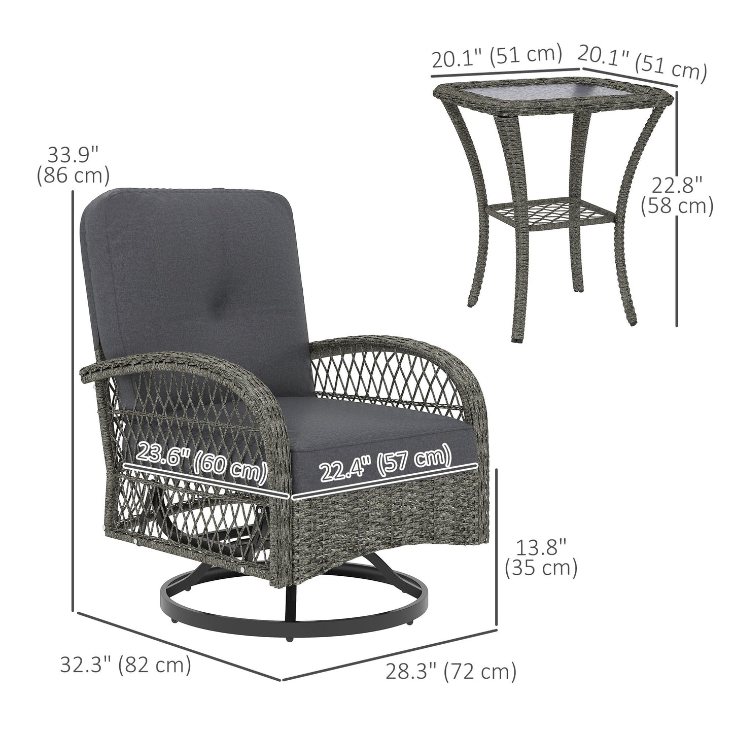Wicker Balcony Furniture with 2 Swivel Rocking Chairs and 2-Tier Glass Coffee Table, 3 Piece Patio Set for Porch, Grey