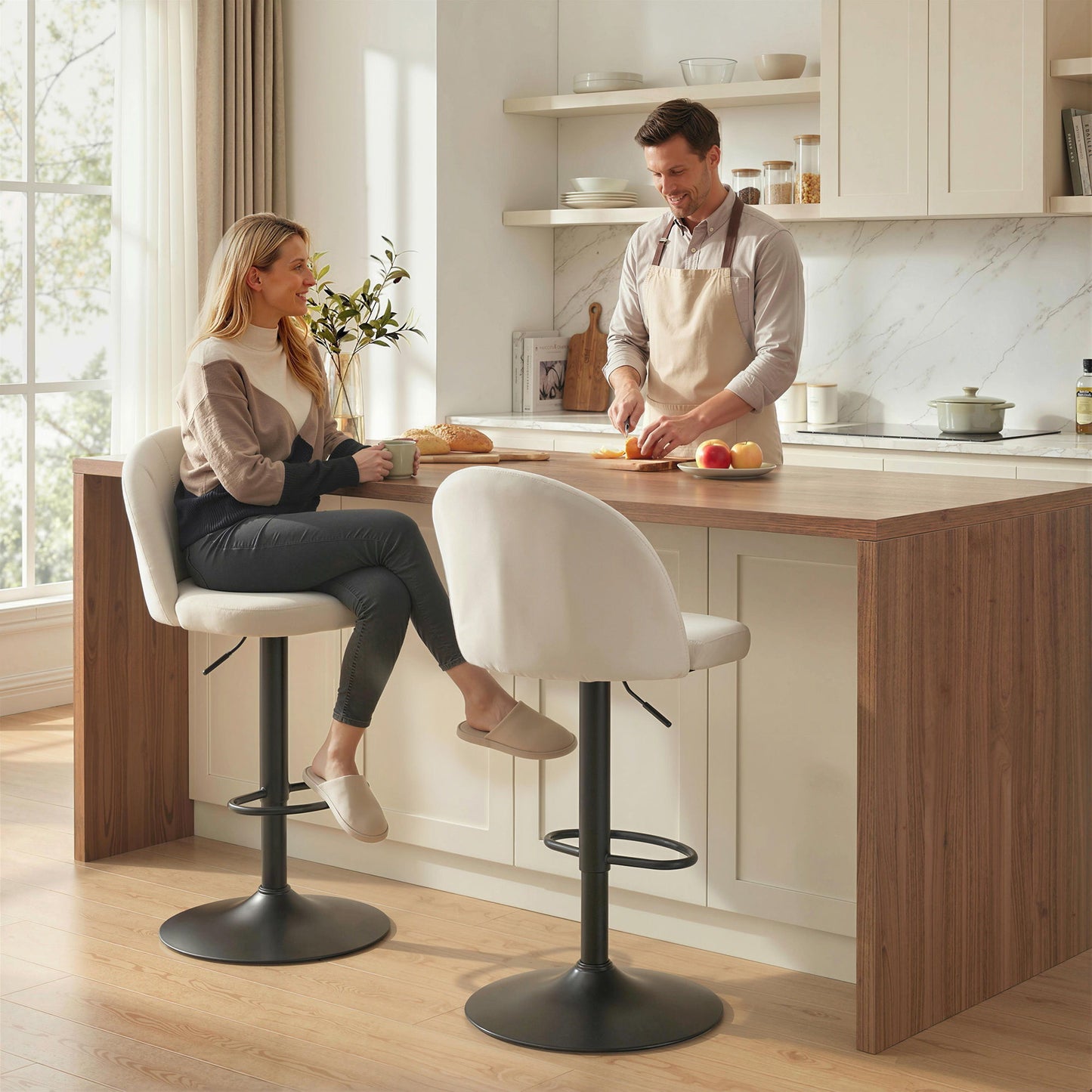 Bar Stools Set of 2, Swivel Counter Height Barstools with Footrest, Cream White