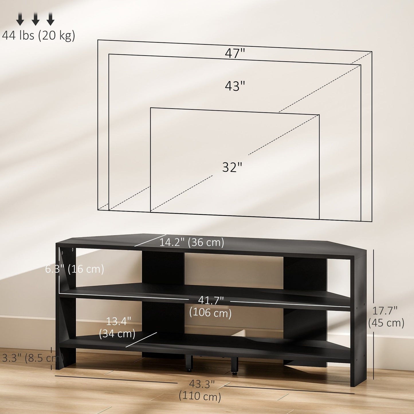 Corner TV Stand for 47" TV with Open Shelves - Black