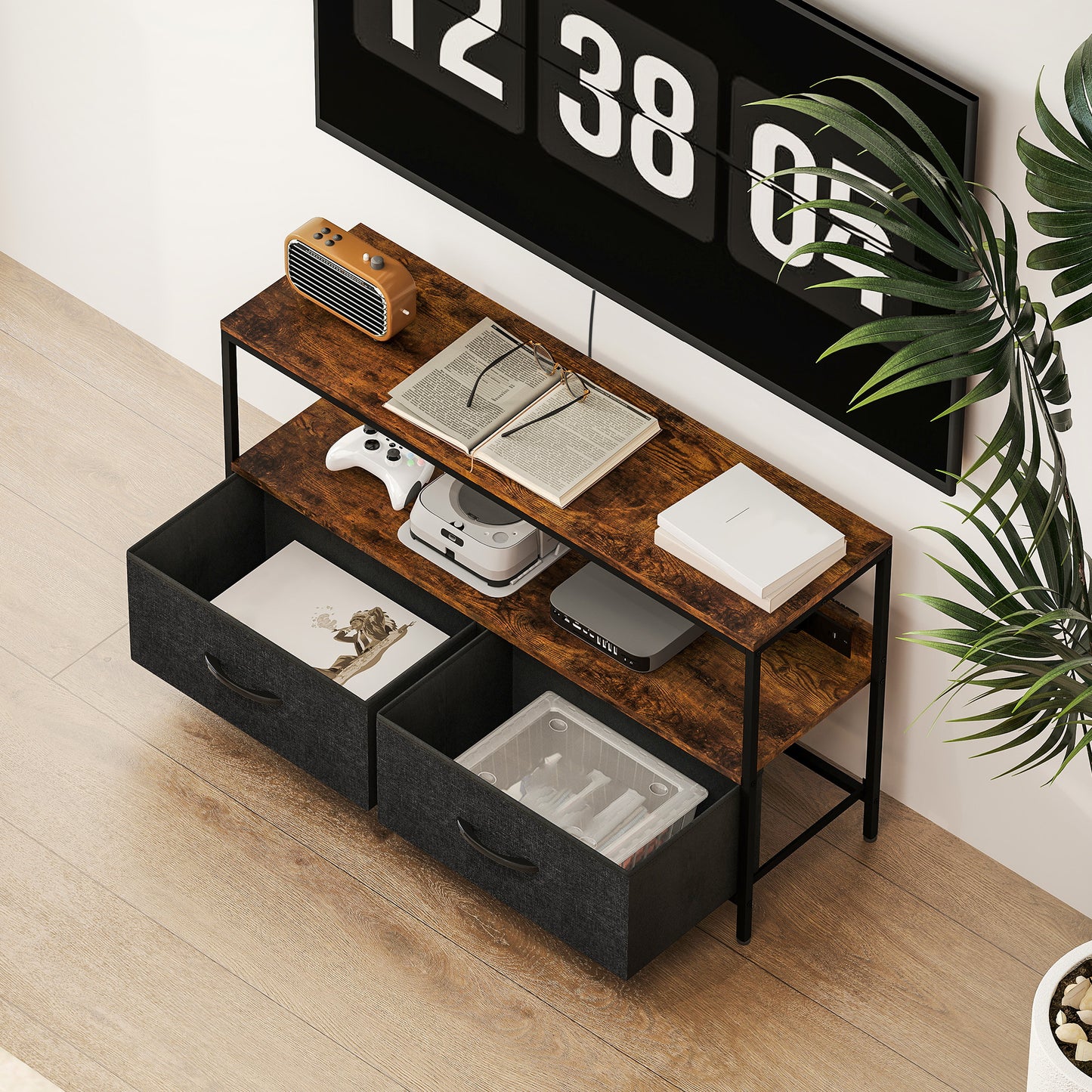TV Stand with Charging Station, TV Table with 2 Foldable Linen Drawers and Open Shelf for 47 Inch TV, Rustic Brown