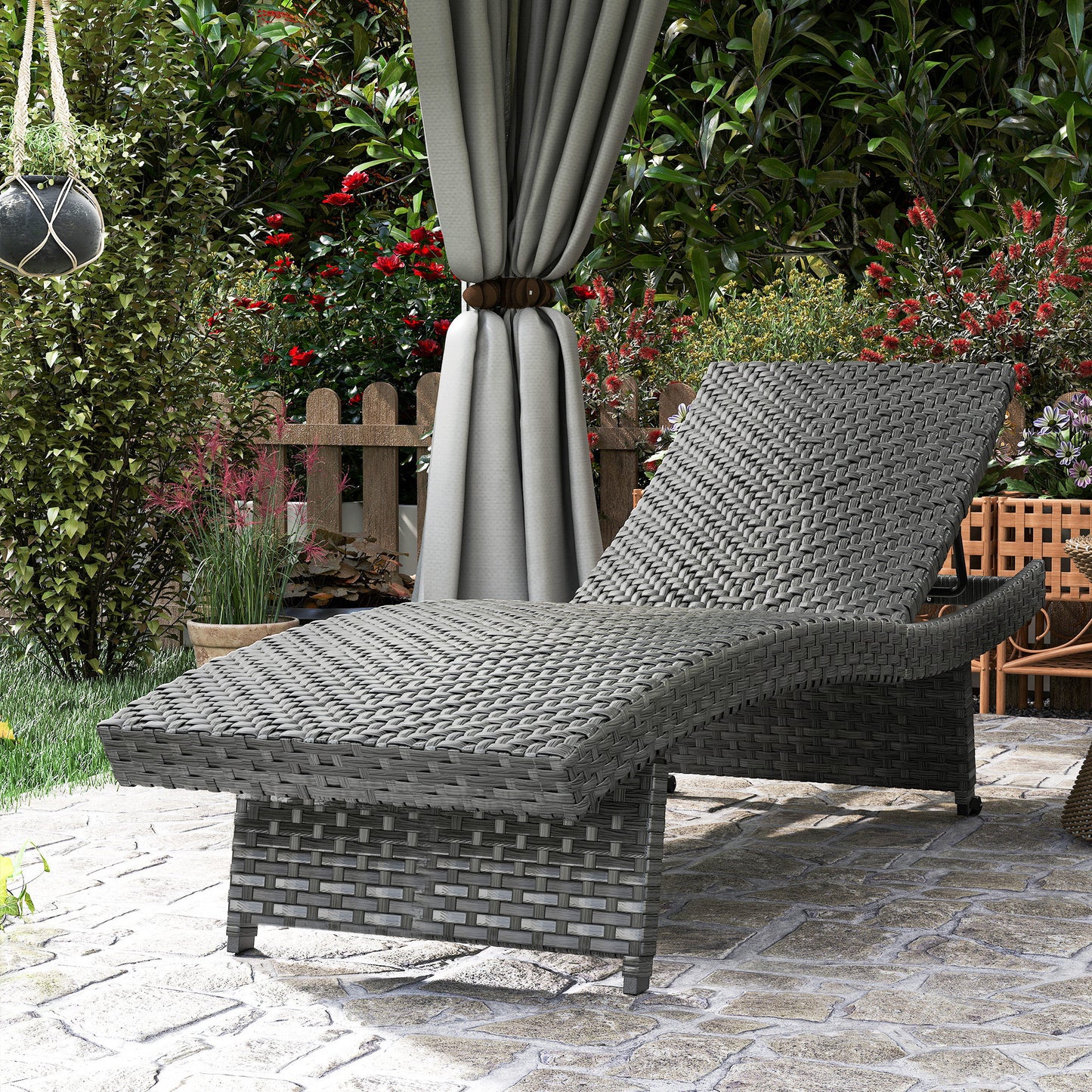 Patio Lounger, Folding Wicker Outdoor Chaise Lounge with 4-Level Adjustable Backrest, Grey