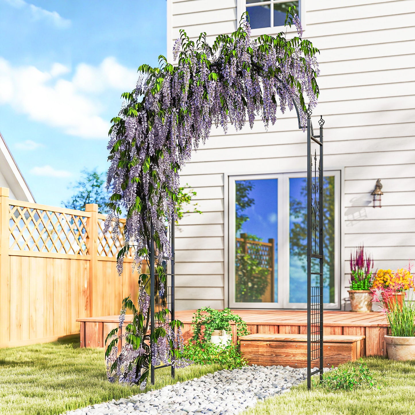 7.5 ft Steel Garden Arch, Outdoor Trellis Arbor with Scrollwork for Climbing Plants, Wedding Arch, Black