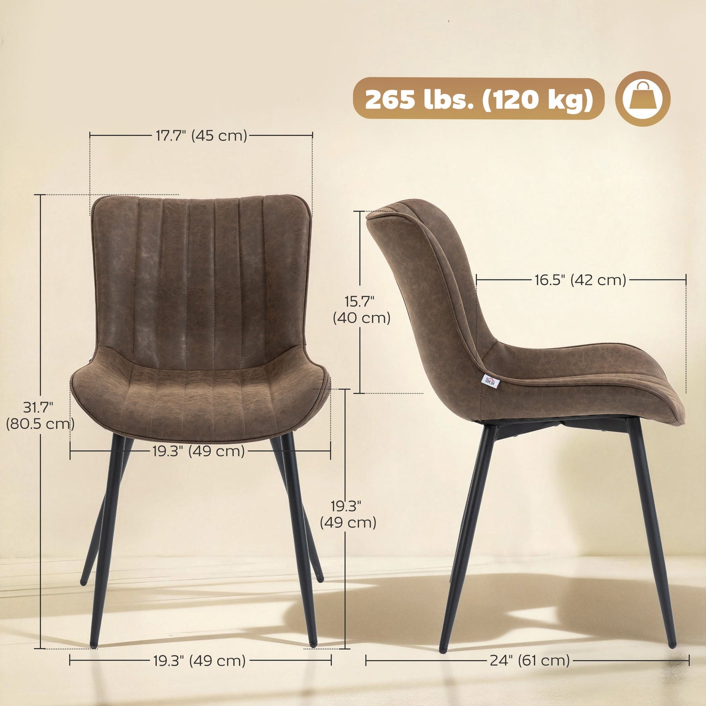 Dining Chairs Set of 4, PU Leather Upholstered Kitchen Chairs with Backrest and Steel Legs for Dining Room, Brown