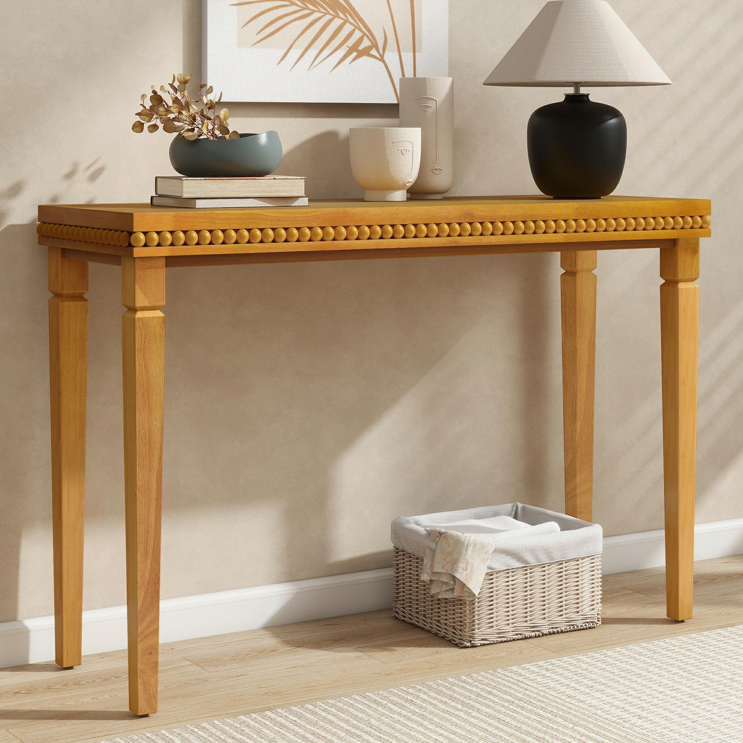 Farmhouse Console Table with Beaded Trim and Natural Wood, Accent Sofa Table for Living Room, Hallway, 47.5'' L x 16'' W x 32'' H, Brown