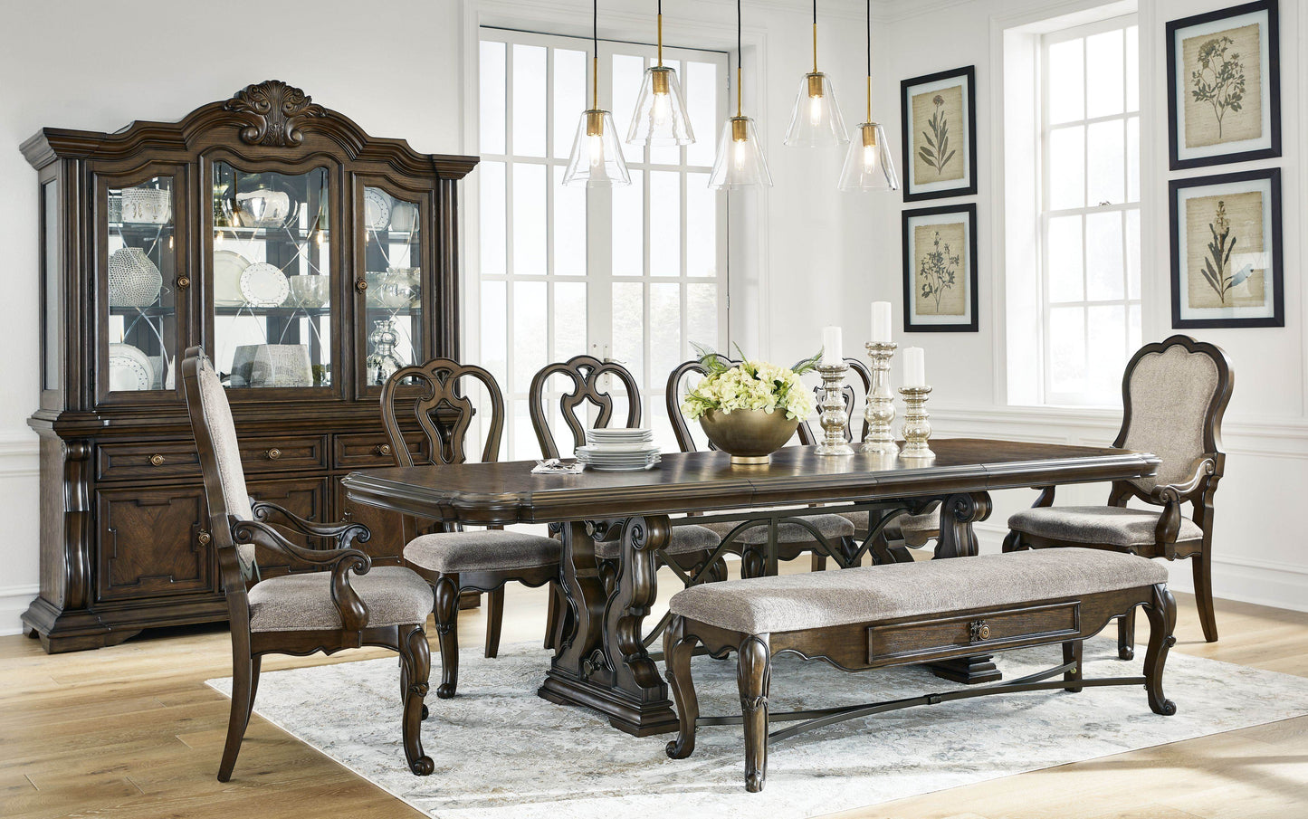 Maylee - Dark Brown - 11 Pc. - Dining Extension Table, 4 Side Chairs, 2 Arm Chairs, Storage Bench, Buffet And Hutch - Forward Furniture