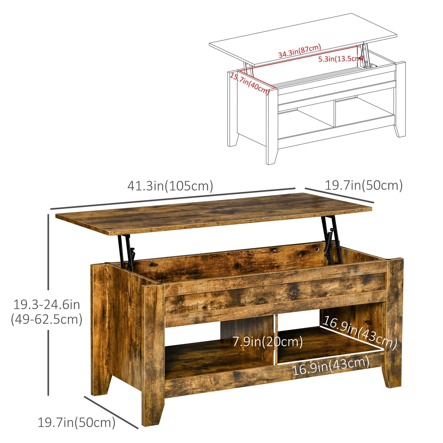 Lift Top Coffee Table with Hidden Storage - Brown