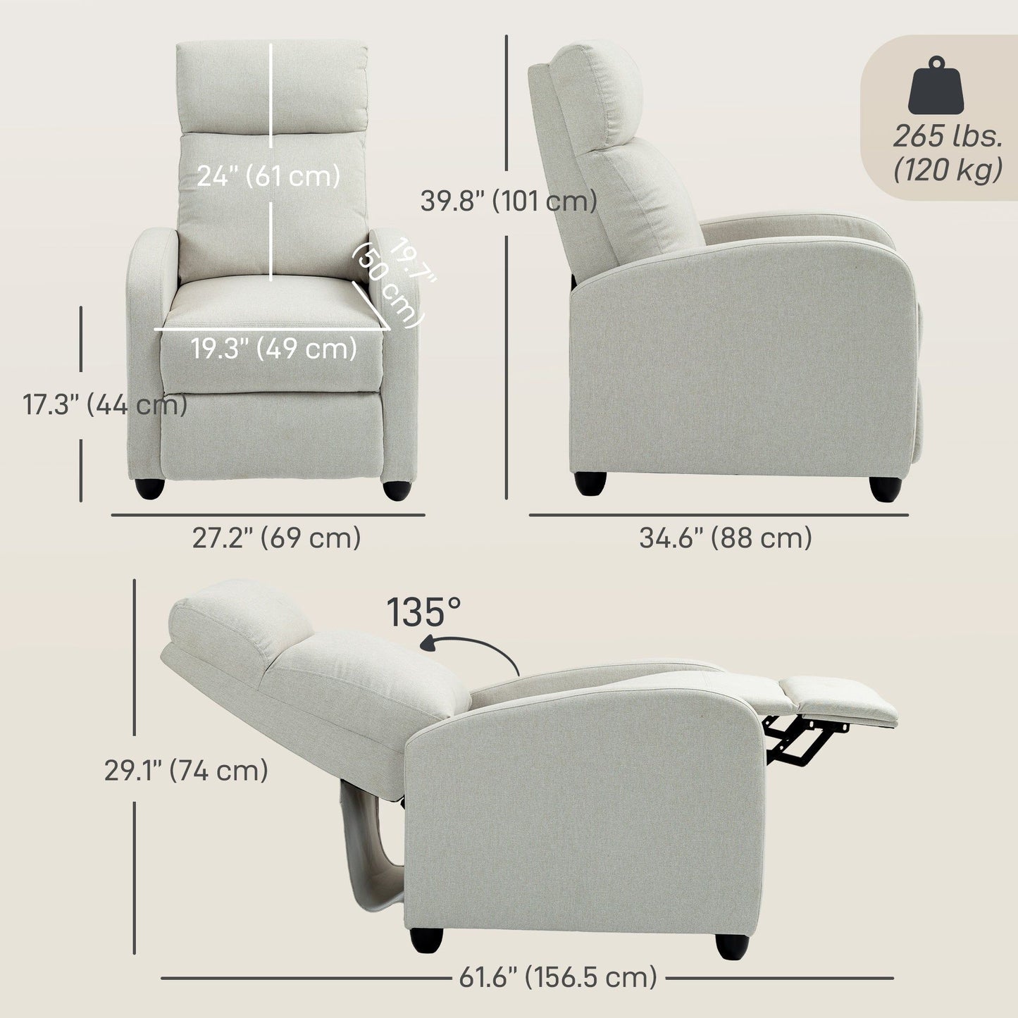 Fabric Manual Recliner Chair with Padded Seat - Cream White