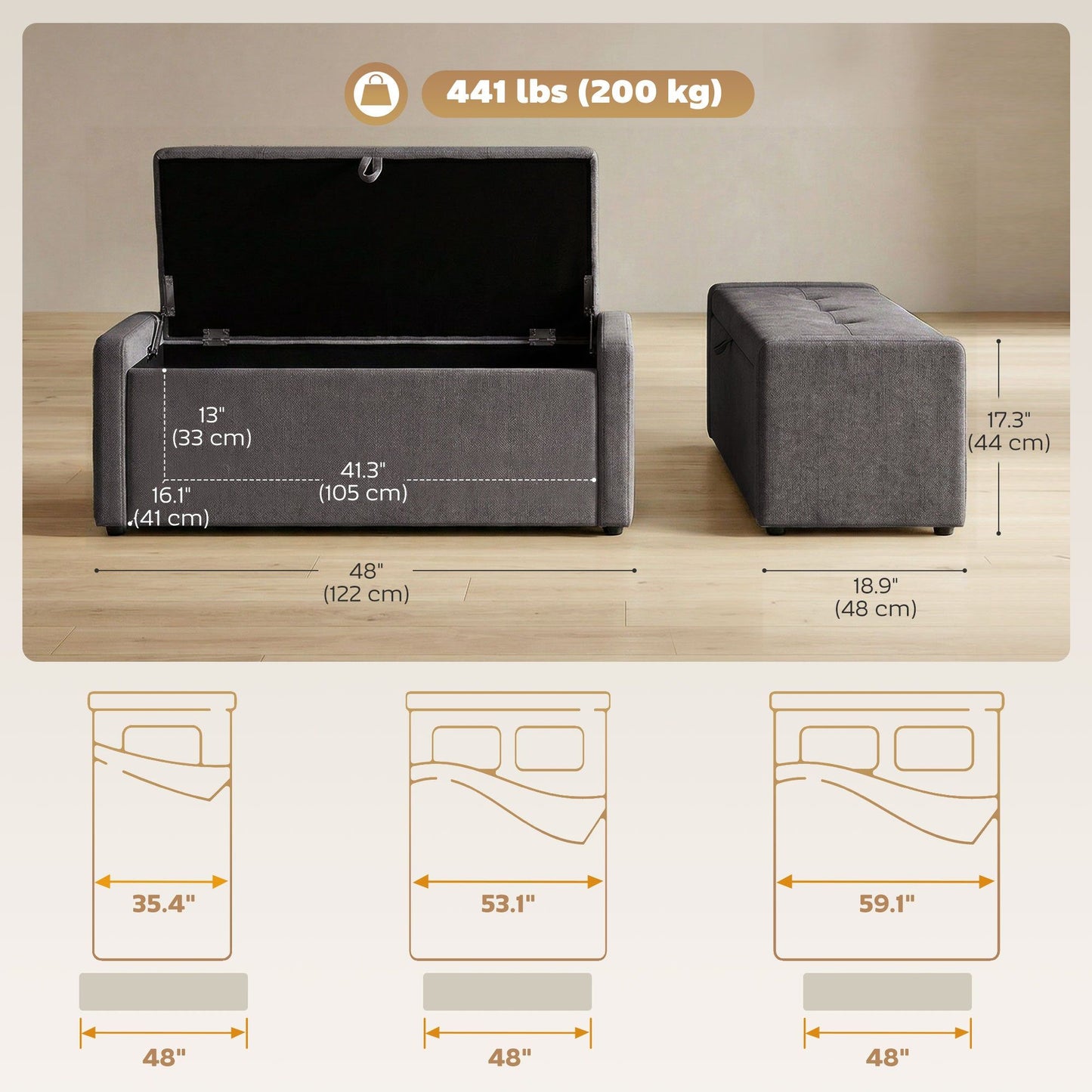 Linen-Look Storage Ottoman Bench - Dark Grey
