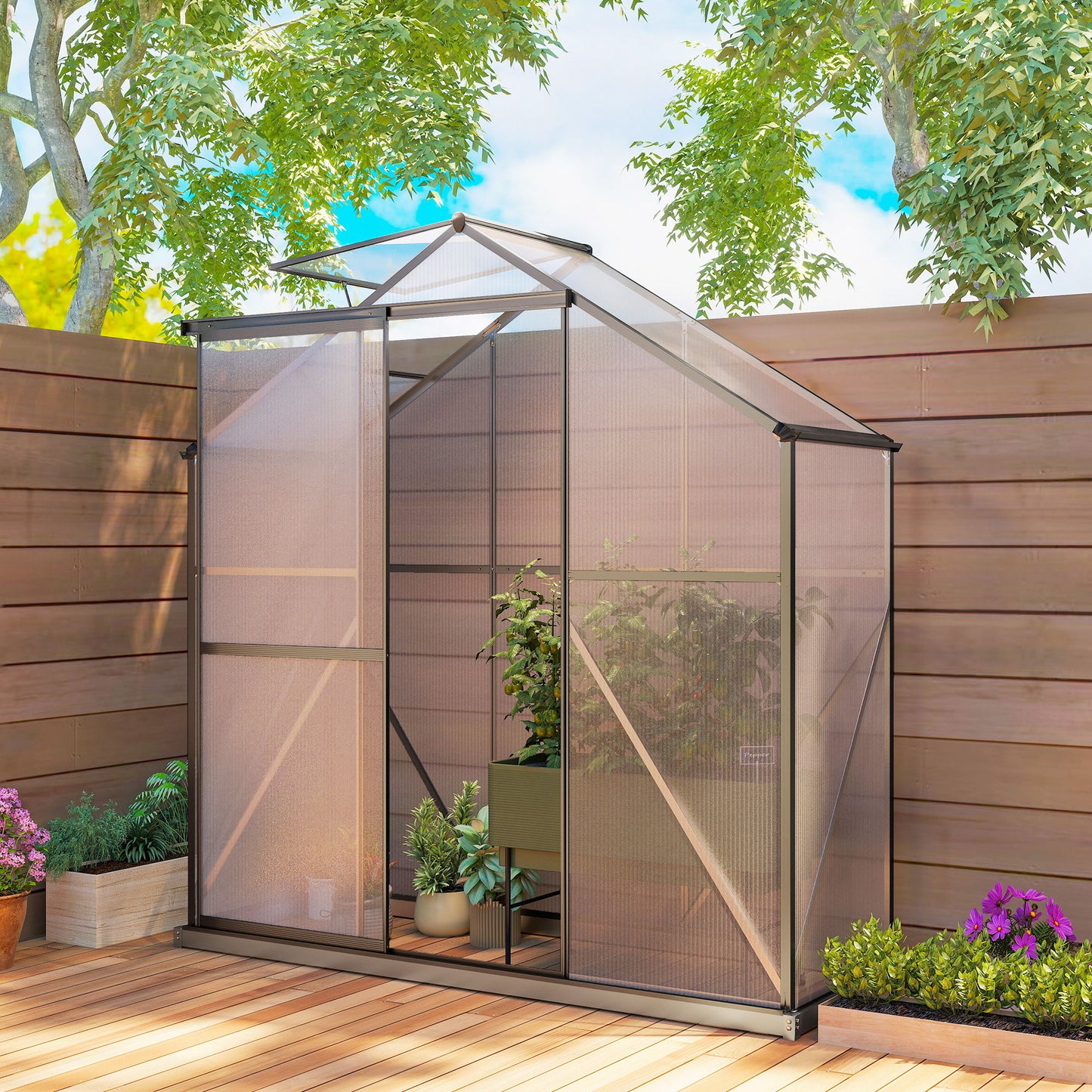 6' x 2.5' Walk-in Polycarbonate Greenhouse Aluminium Green House with Sliding Door, 5-Level Roof Vent, Rain Gutter