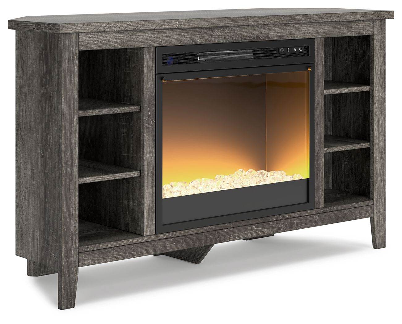 Arlenbry - Gray - Corner TV Stand With Glass/Stone Fireplace Insert - Forward Furniture