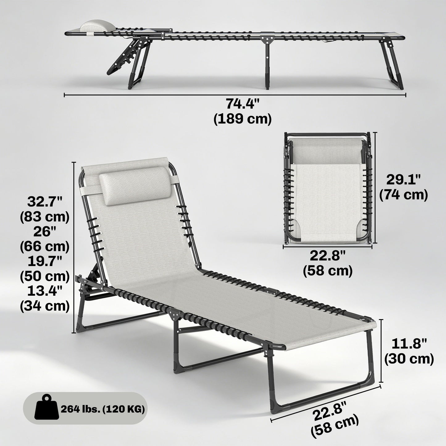 Outdoor Folding Lounge Chair, 4-Level Adjustable Chaise Lounge with Headrest, Tanning Chair Beach Bed, Reclining Lounger Cot for Camping, Hiking, Backyard, Cream