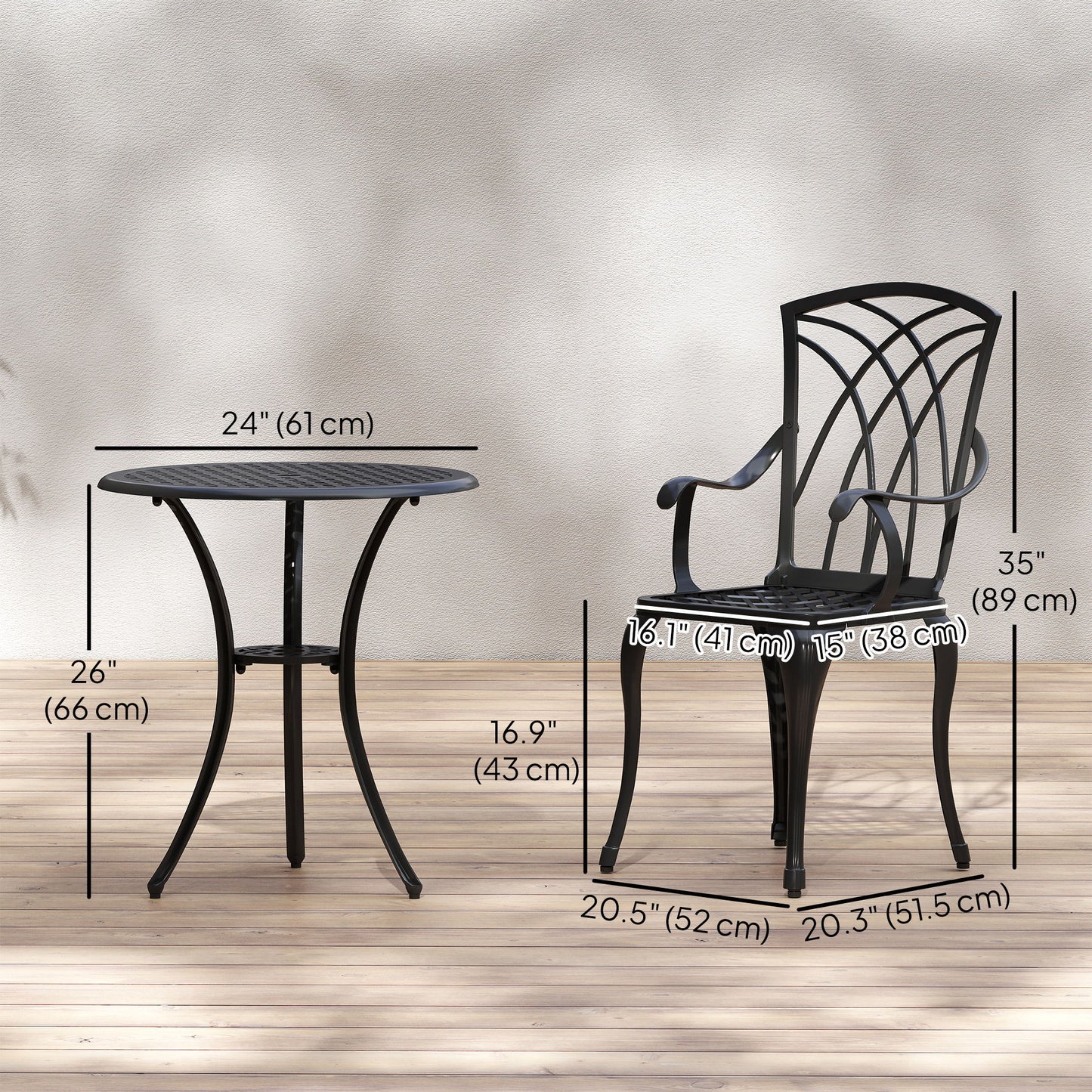 3 Pieces Patio Bistro Set, Cast Aluminum Outdoor Conversation Furniture Set, Coffee Table with Umbrella Hole, 2 Armchairs, Brown