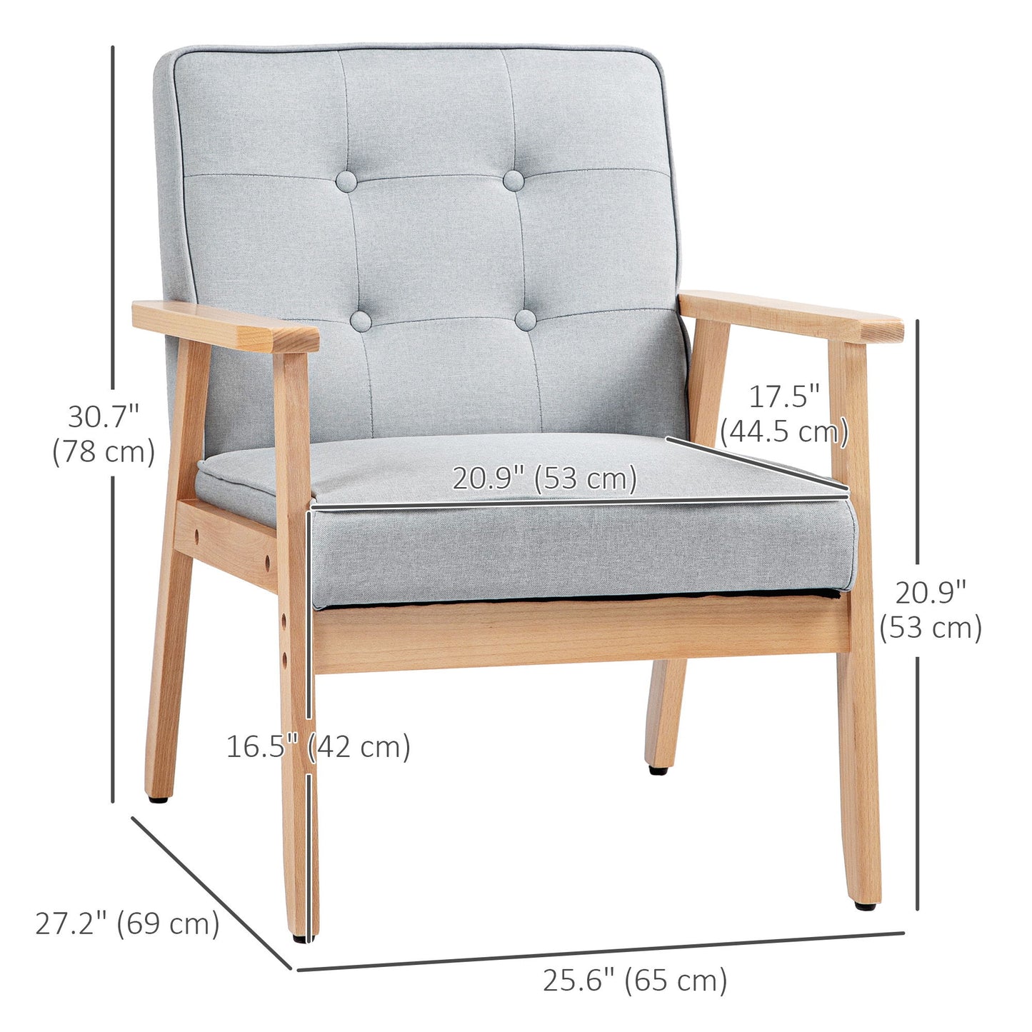 Modern Armchair Fabric, Accent Chair with Tufted Back, Wood Legs and Thick Padding for Living Room, Bedroom, Light Grey