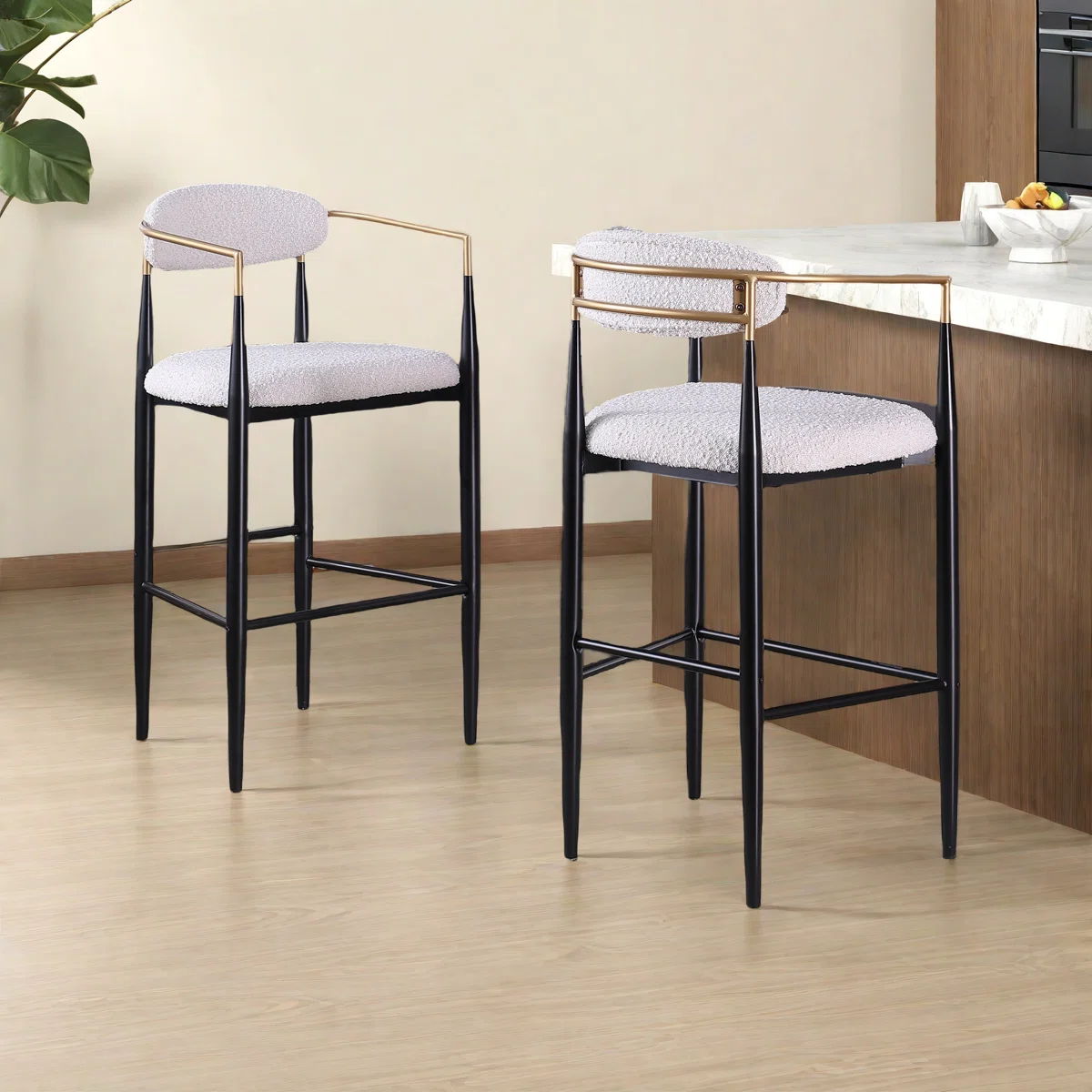 Set of 2 Modern Counter Stools with Iron Frame and Gold Accents, Upholstered Dining Chairs for Kitchen, 23" L x 22" W x 37.5" H, Beige