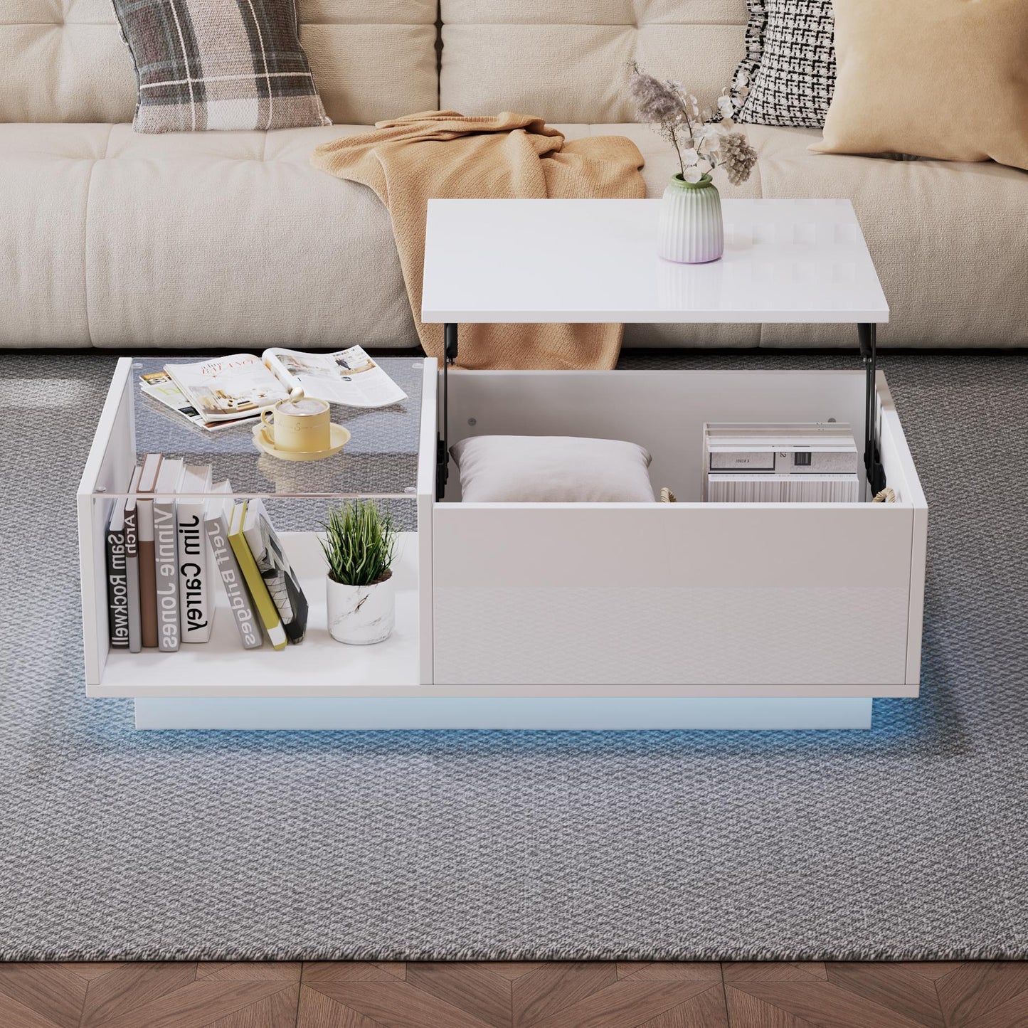 Lift-Up Coffee Table with App-Controlled LED Light and Half Glass Top, Modern Center Table for Living Room, 39.5" L x 19.5" W x 13" H, White