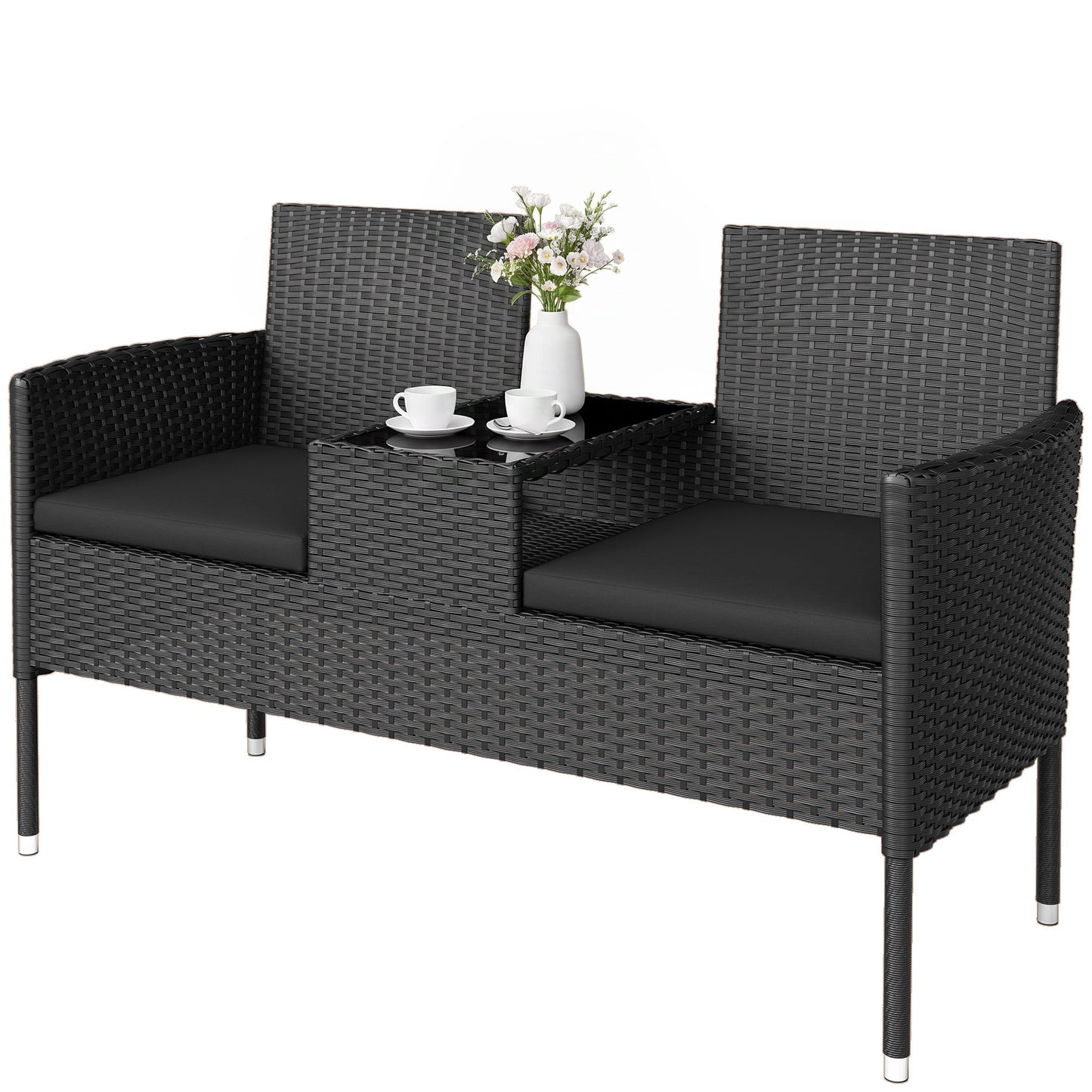 Patio Furniture w/ Mid-Table PE Rattan Loveseat w/ Cushion, Black