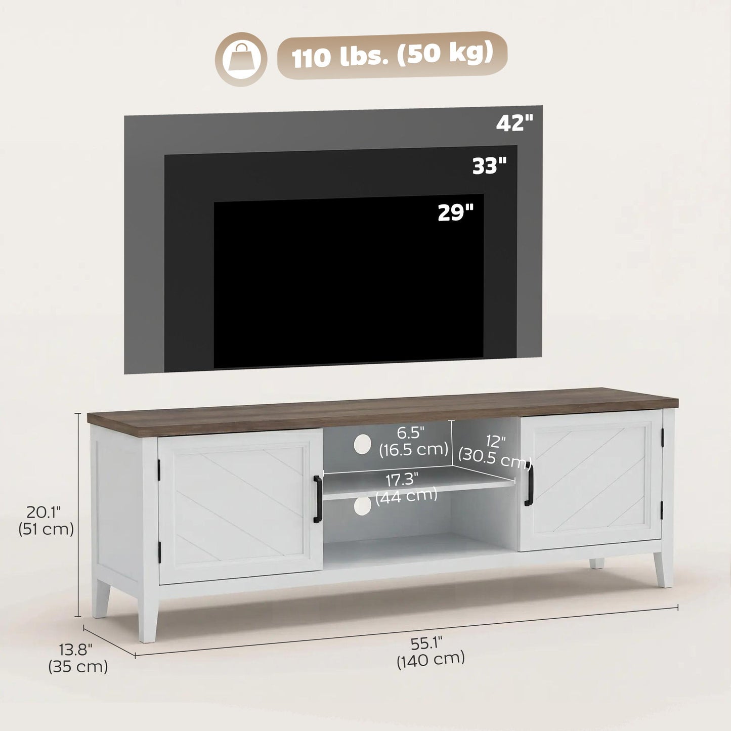 TV Stand for TVs up to 42 Inch, Entertainment Center with 2 Open Shelves, 2 Cabinets, Thick Top, White and Brown